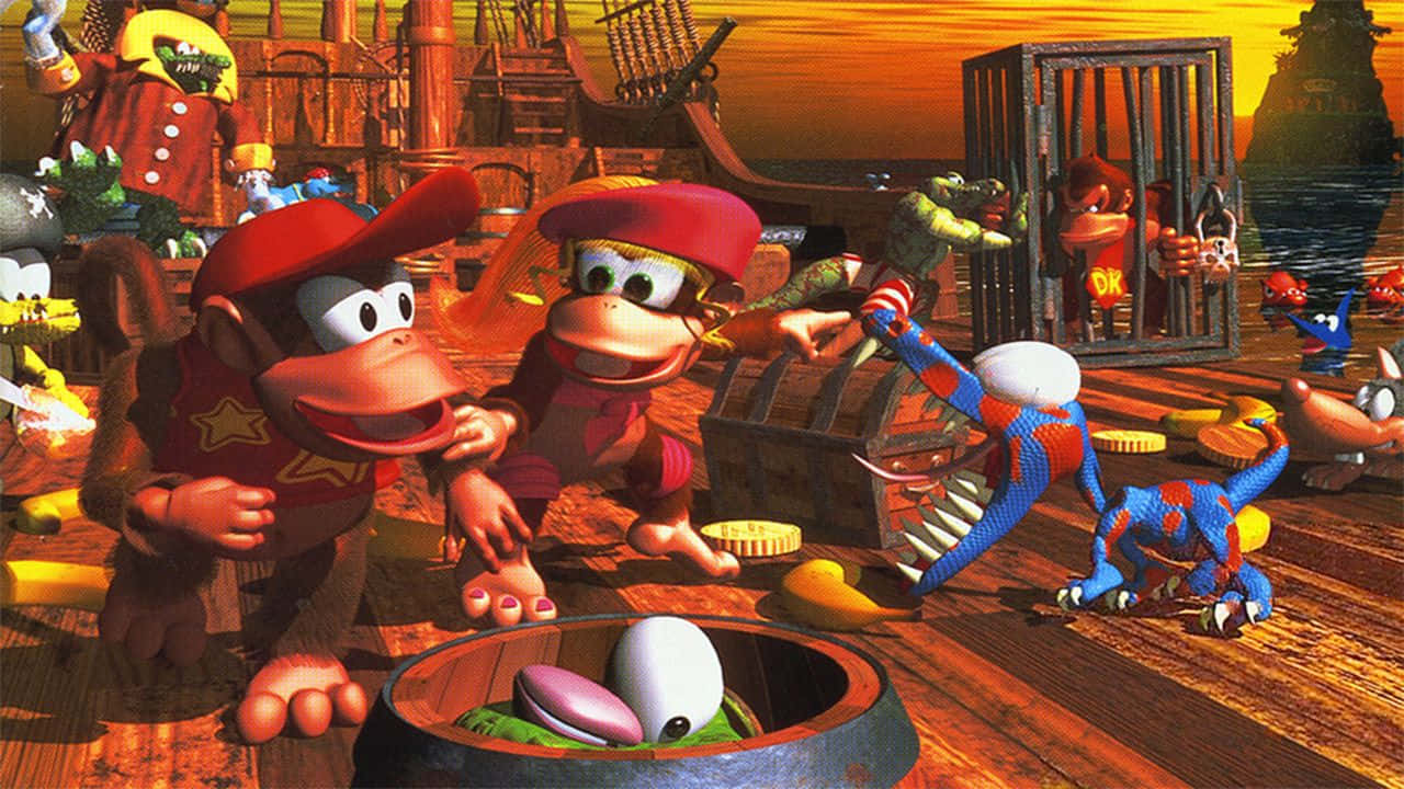 Diddy Kong 桌布 壁紙 — Donkey Kong 和 Diddy Kong 在日落時分愉快地探索一艘滿是寶藏和古怪角色的海盜船甲板。