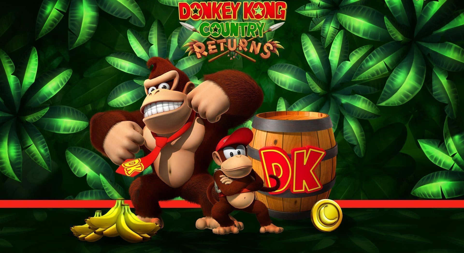 Diddy Kong 桌布 壁紙 — Donkey Kong 和 Diddy Kong 在茂密的叢林中自豪地站立，周圍有香蕉和一個 DK 木桶，遊戲標題在上方。