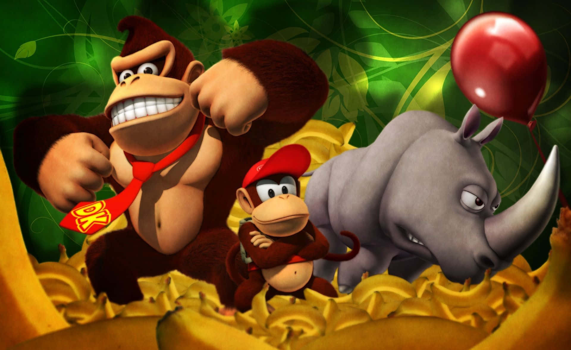 Diddy Kong 桌布 壁紙 — Donkey Kong 和 Diddy Kong 站在一堆金幣上，旁邊有一隻脾氣暴躁的犀牛和一個紅色氣球，背景是茂密的叢林。