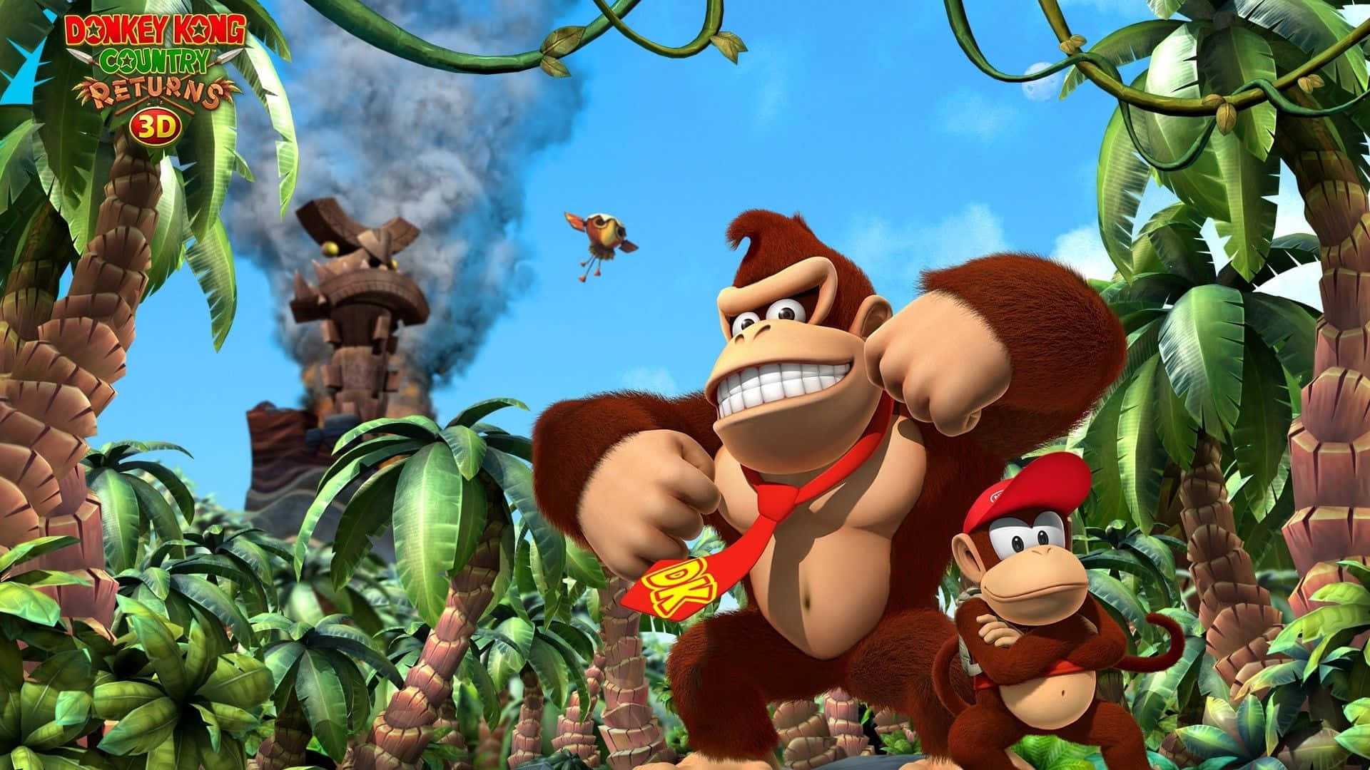 Diddy Kong 桌布 壁紙 — Donkey Kong 和 Diddy Kong 在茂密的叢林中，身後有棕櫚樹和冒煙的圖騰柱，露出兇猛的笑容。