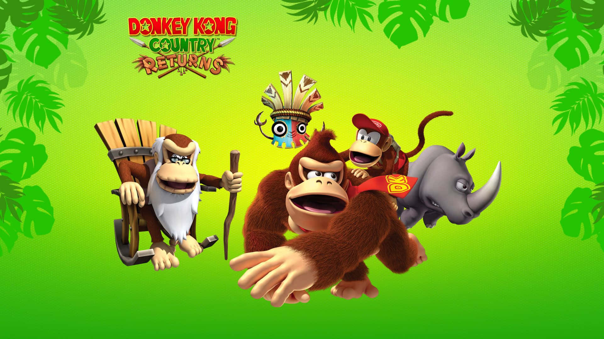 Diddy Kong 桌布 壁紙 — Donkey Kong 和朋友們在充滿活力的叢林場景中，有茂密的綠色樹葉和遊戲標題標誌。