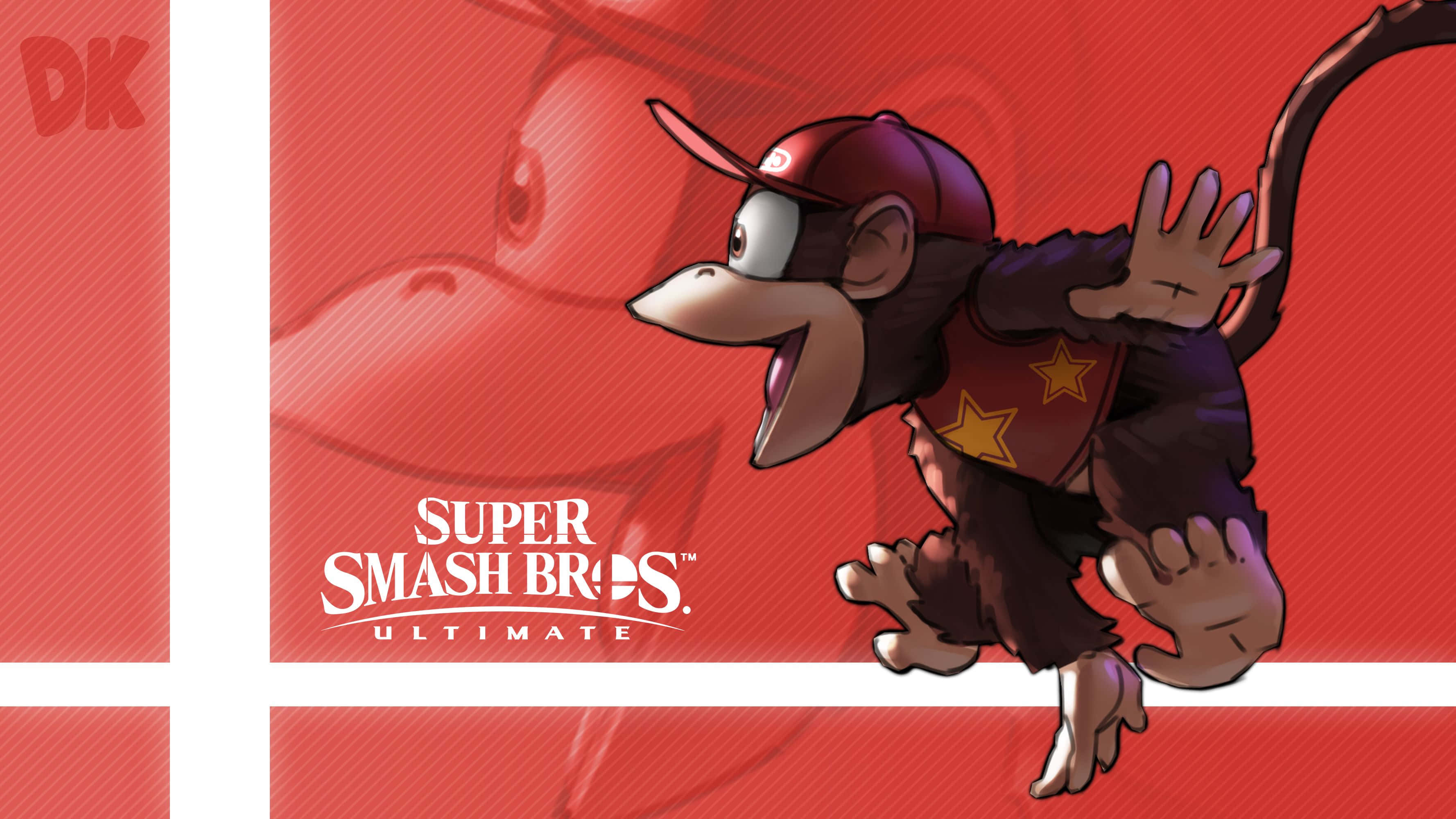 Diddy Kong 桌布 壁紙 — Donkey Kong 在帶有白色條紋和 Super Smash Bros Ultimate 標誌的醒目紅色背景上動態跳躍。