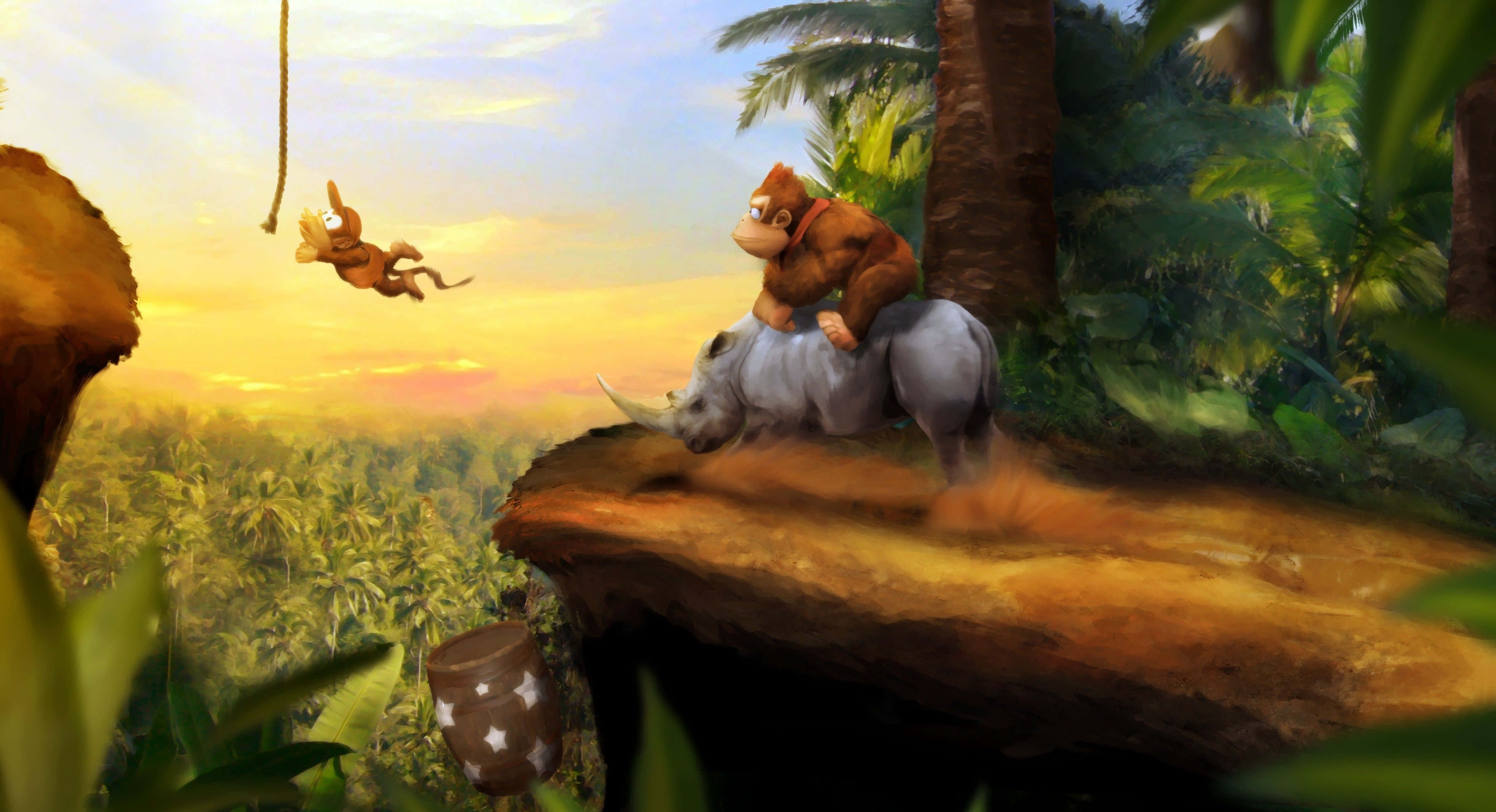 Diddy Kong 桌布 壁紙 — Donkey Kong 騎著犀牛穿越叢林懸崖，Diddy Kong 在金色夕陽天空下盪著藤蔓。
