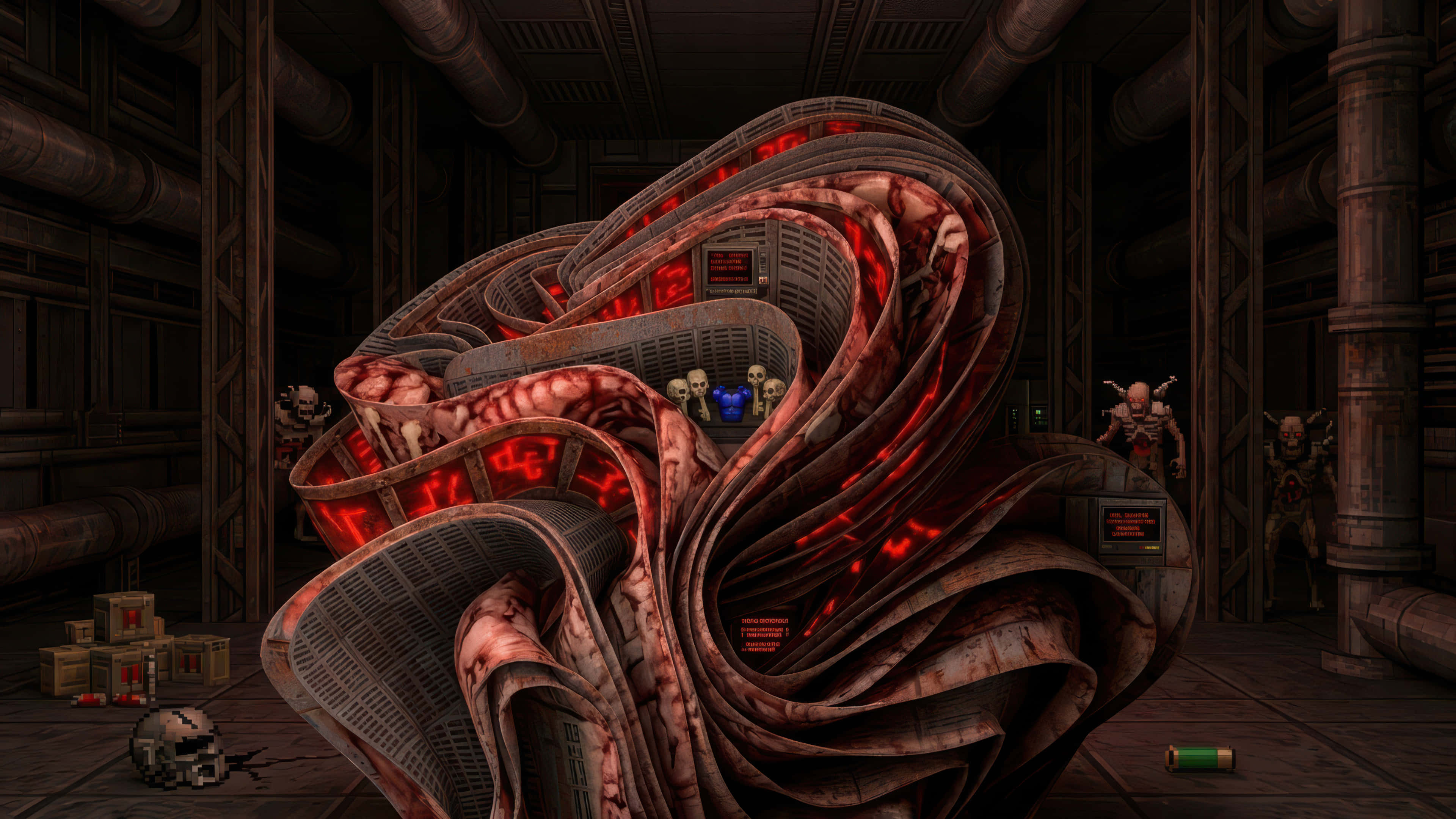 Doom 2 模組化桌面壁紙，增強版 壁紙 — 一個怪誕、脈動的有機結構，帶有發光的紅色靜脈，主宰著一個昏暗的工業房間，房間內佈滿管道和骷髏人物。