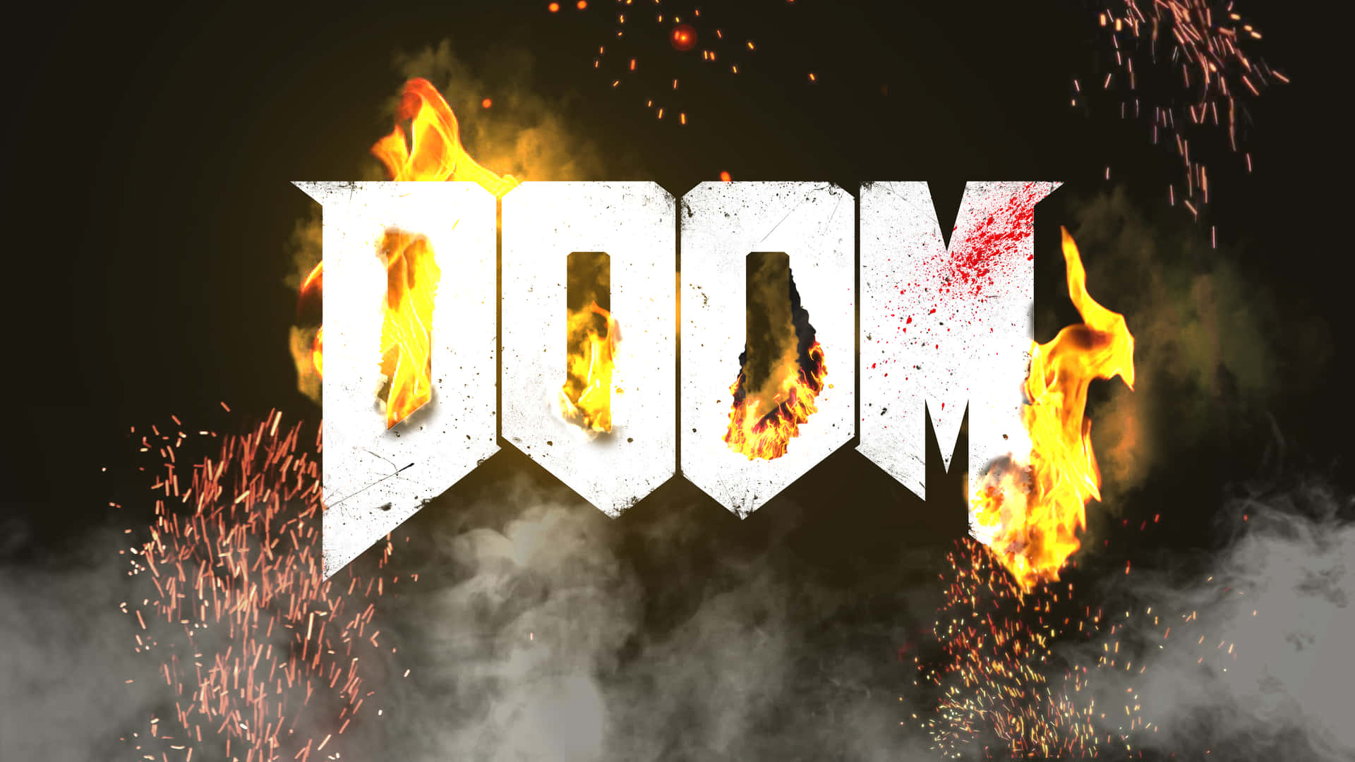 「DOOM」一詞在黑暗背景中被火焰和火花吞噬。