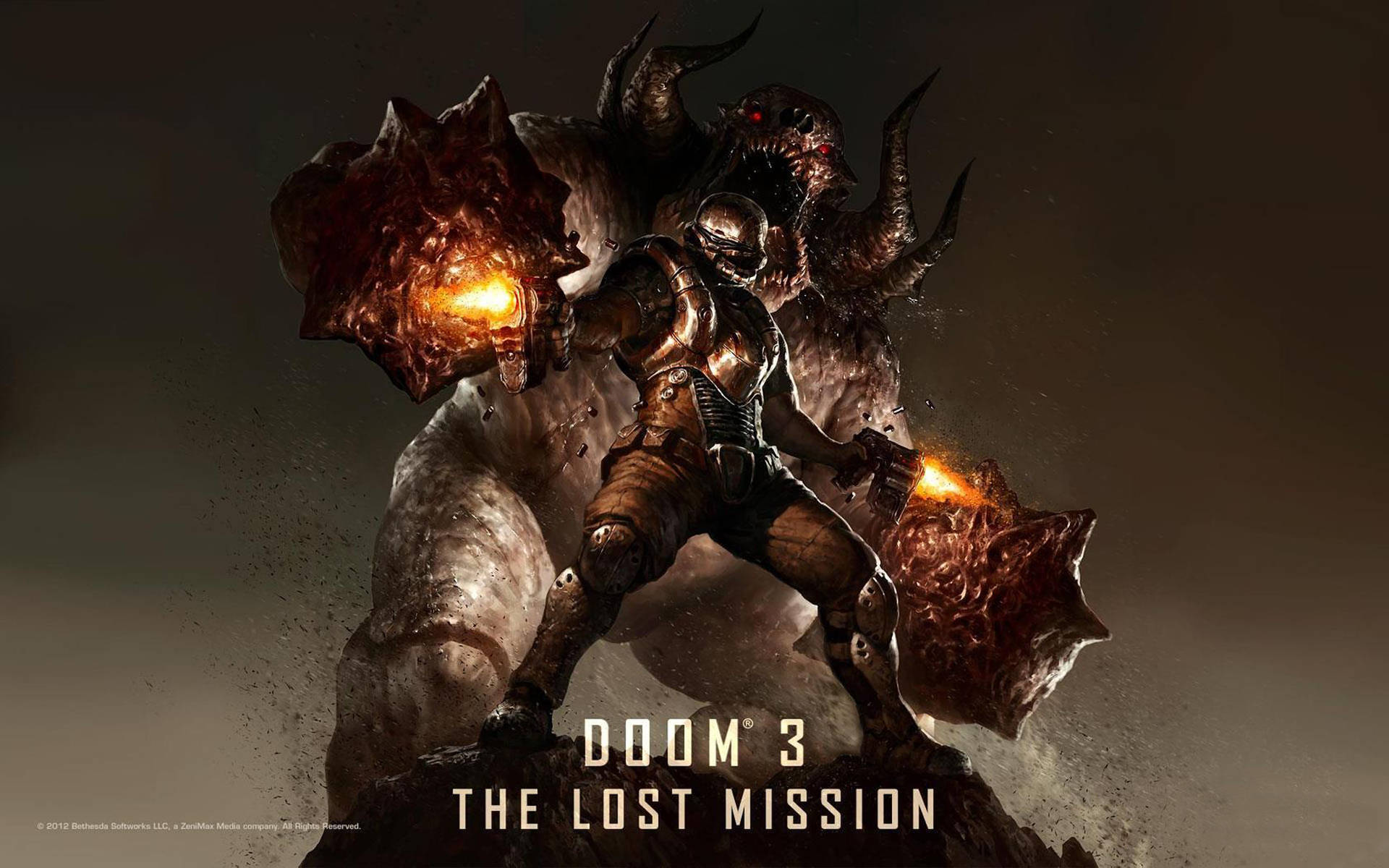 Doom 3：失落任務 4K 壁紙 — 一名重裝士兵在黑暗骯髒的環境中，用發光的橙色武器與巨大的惡魔生物戰鬥。