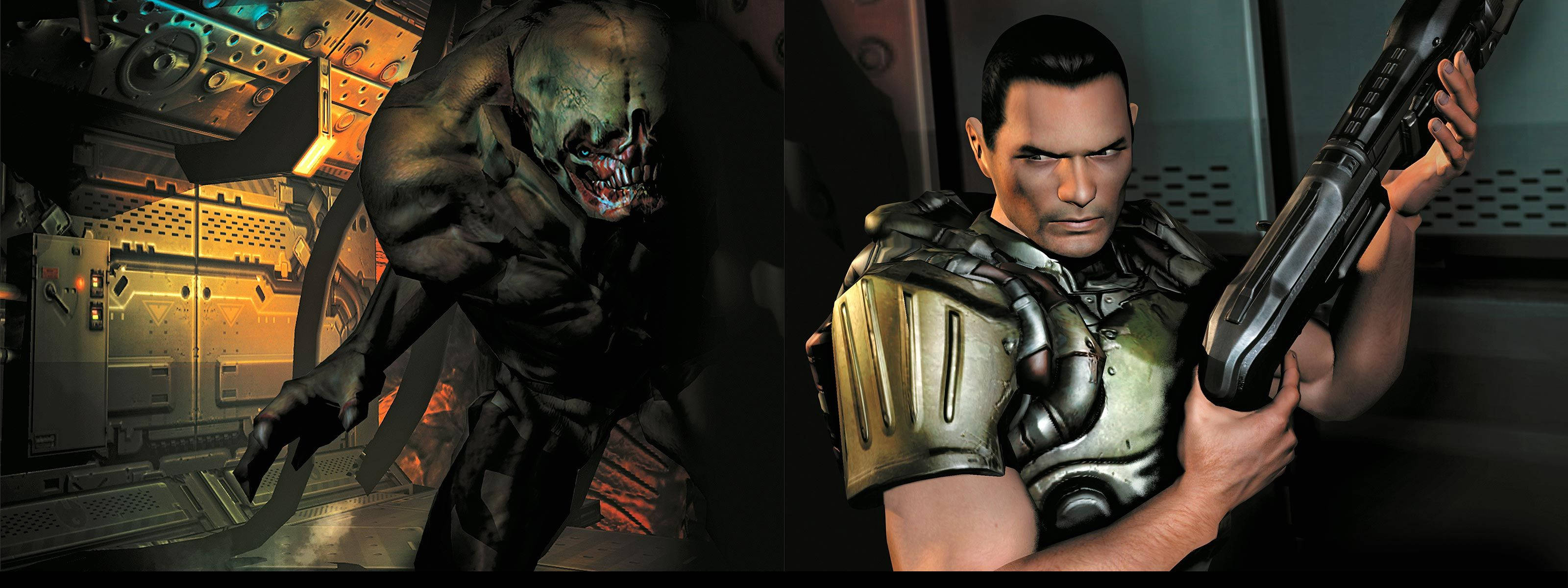 《DOOM 3》酷炫遊戲海報 4K 壁紙 — 一個具威脅性的外星生物從燈光昏暗的太空船走廊撲出，而一名身穿盔甲的士兵正用重型武器瞄準牠。