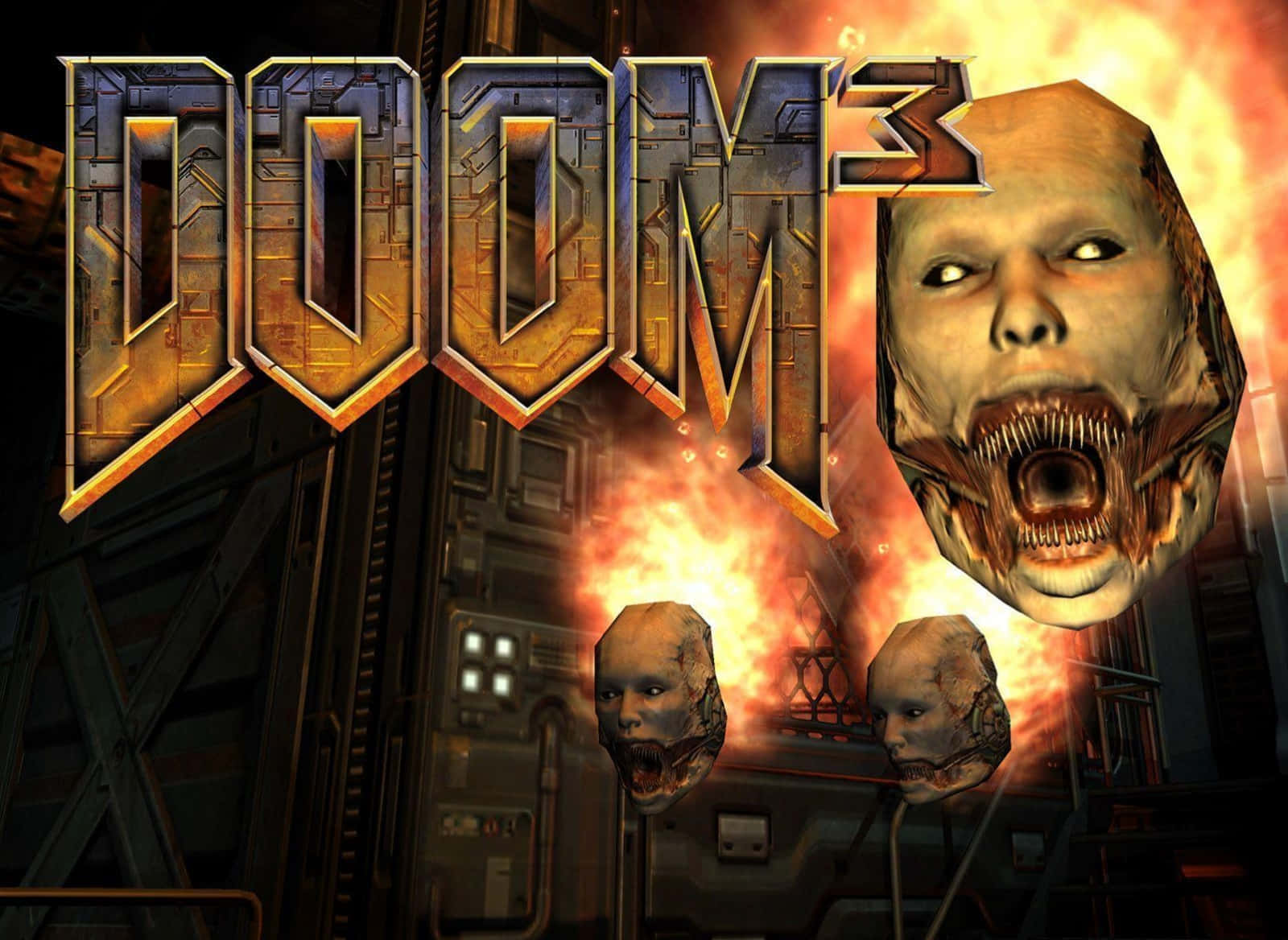 Doom 3 遊戲標題，在黑暗工業場景中帶有惡魔頭顱和火焰爆炸。
