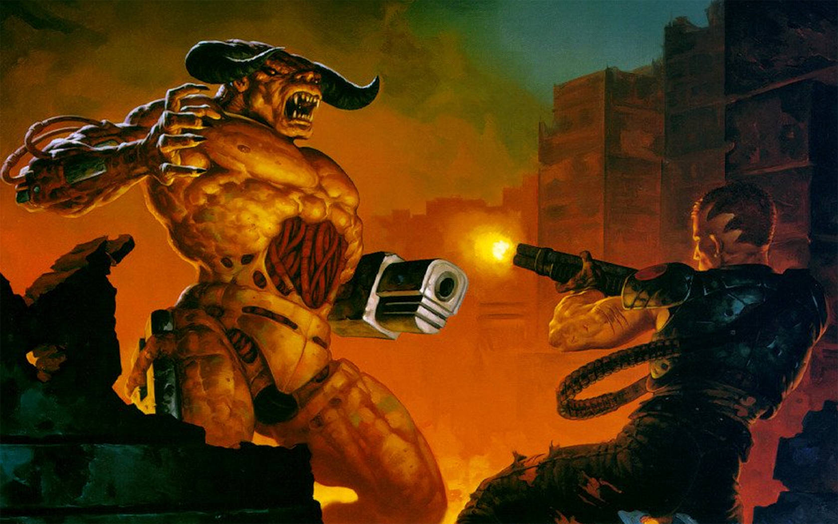士兵與 Doom 4K 壁紙 — 一個肌肉發達、有角的惡魔在燃燒的城市廢墟中向一名人類士兵開火時咆哮。