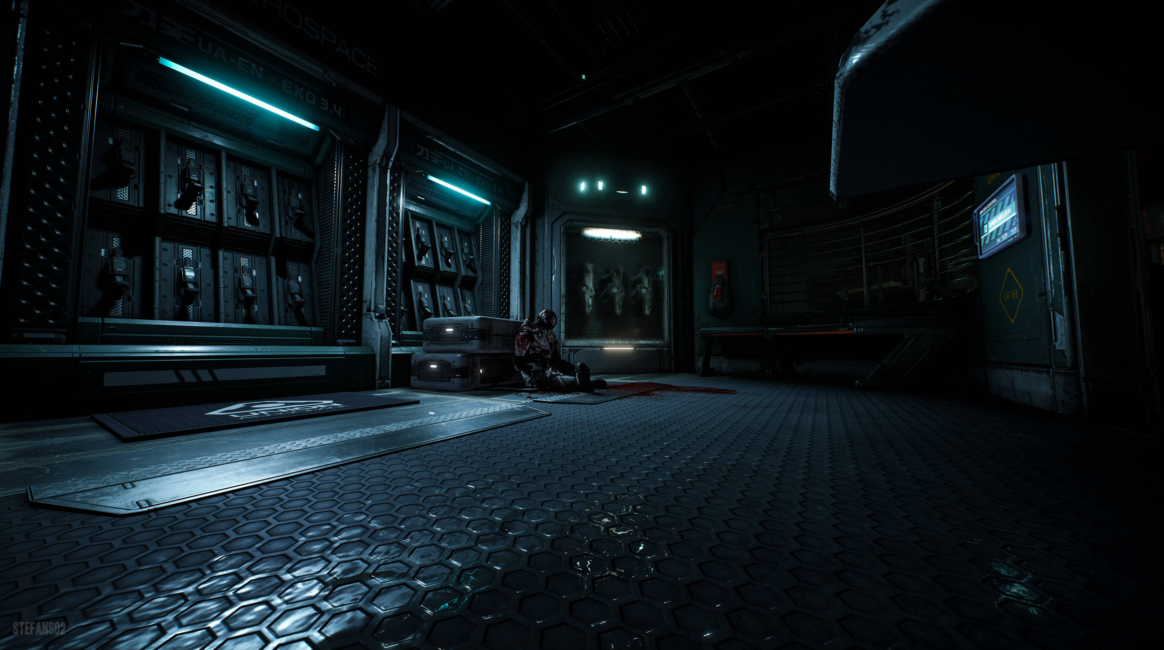 Doom 4K 武器庫 壁紙 — 一個孤獨的身影坐在六角形地板上，身處一條燈光昏暗、充滿未來感的太空船走廊，被詭異的青色燈光照亮。