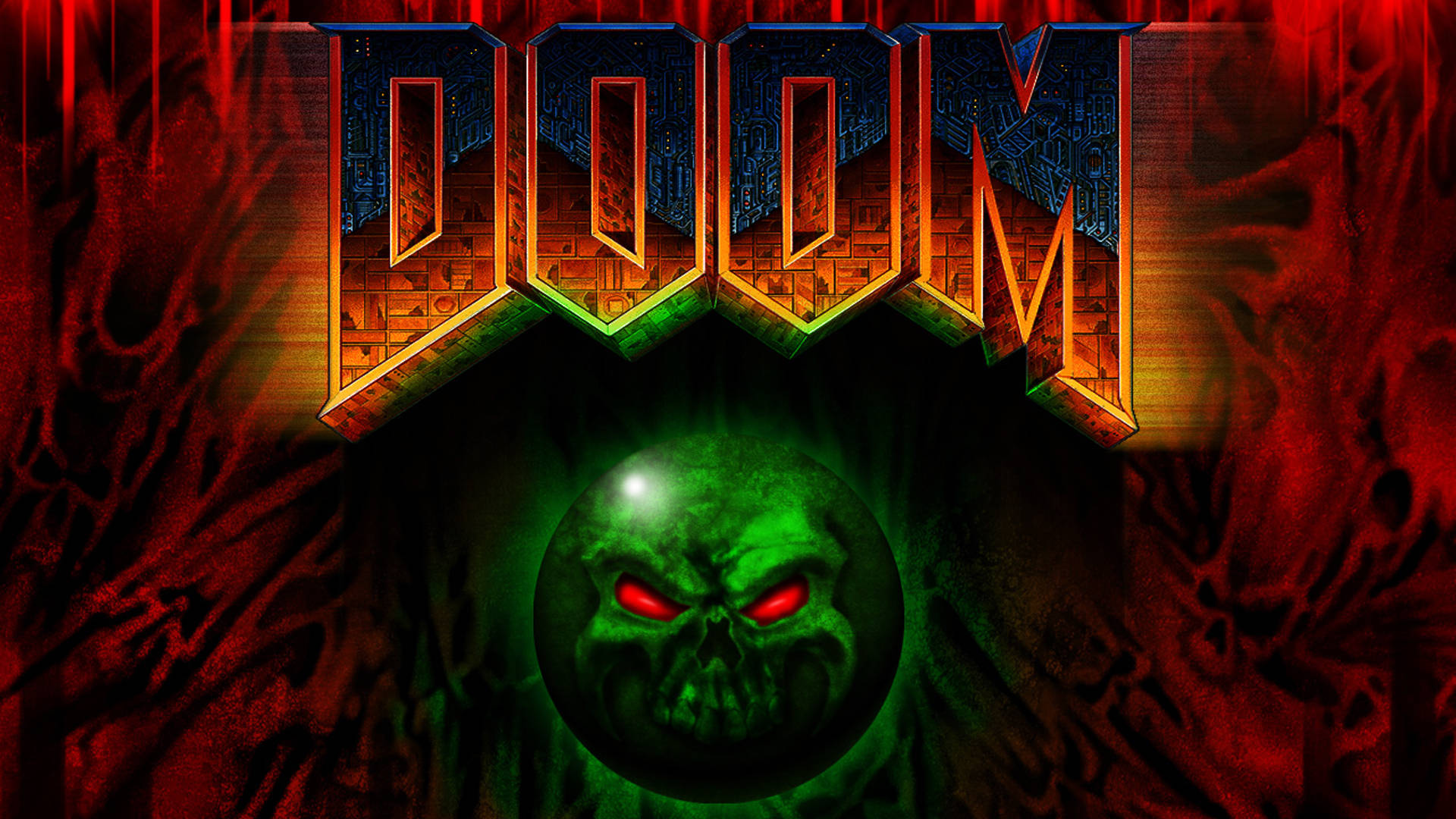 生存遊戲 Doom 4K 壁紙 — 標誌性的 DOOM 標誌在熾熱邊緣發光，位於一個帶有紅色眼睛的威脅性綠色骷髏上方，背景是地獄般的紅色和黑色。