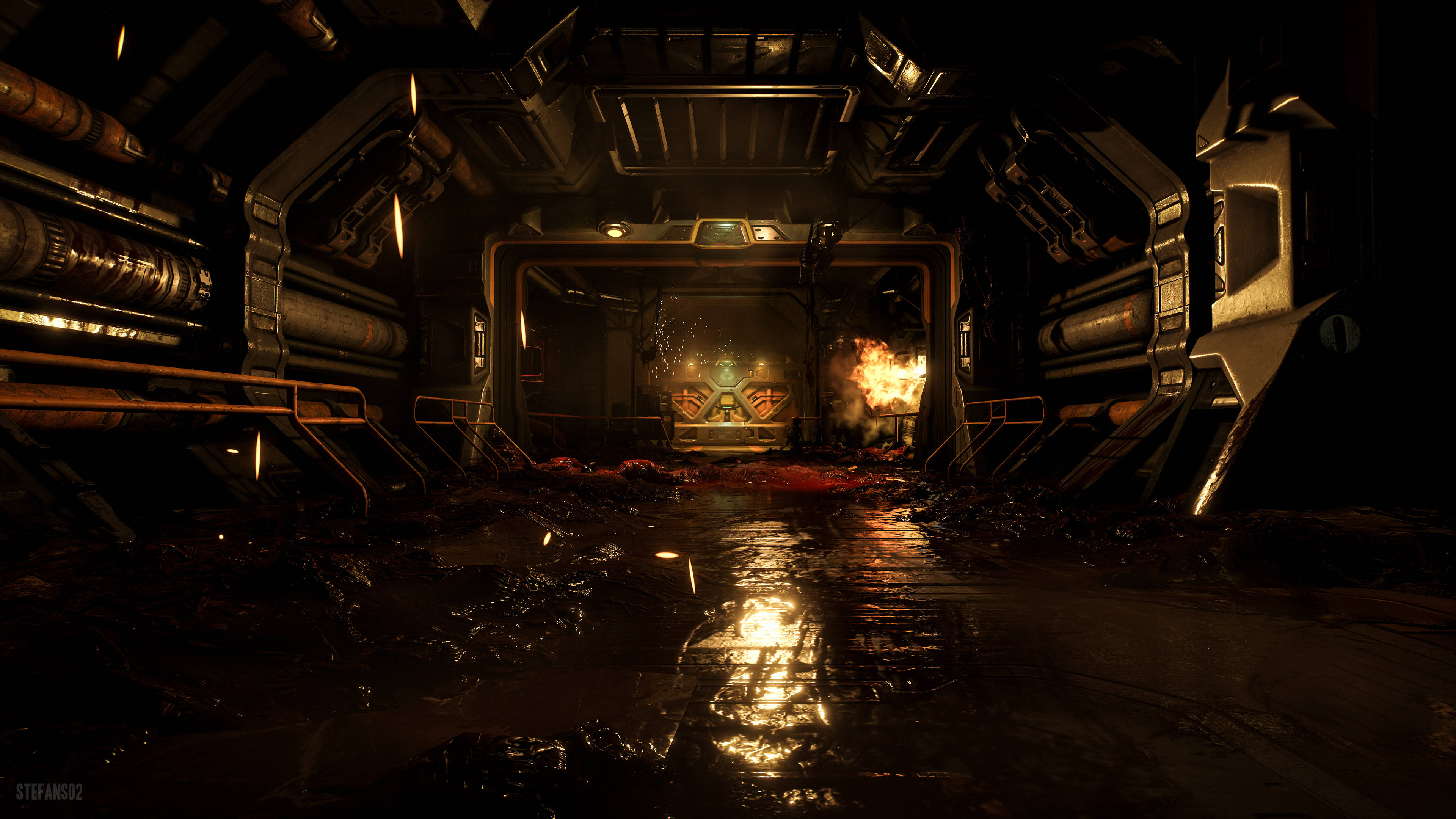 Doom 4K 實驗室走廊 壁紙 — 一條黑暗的未來主義走廊，帶有發光的管道和末端熾熱的爆炸，反射在潮濕的金屬地板上。