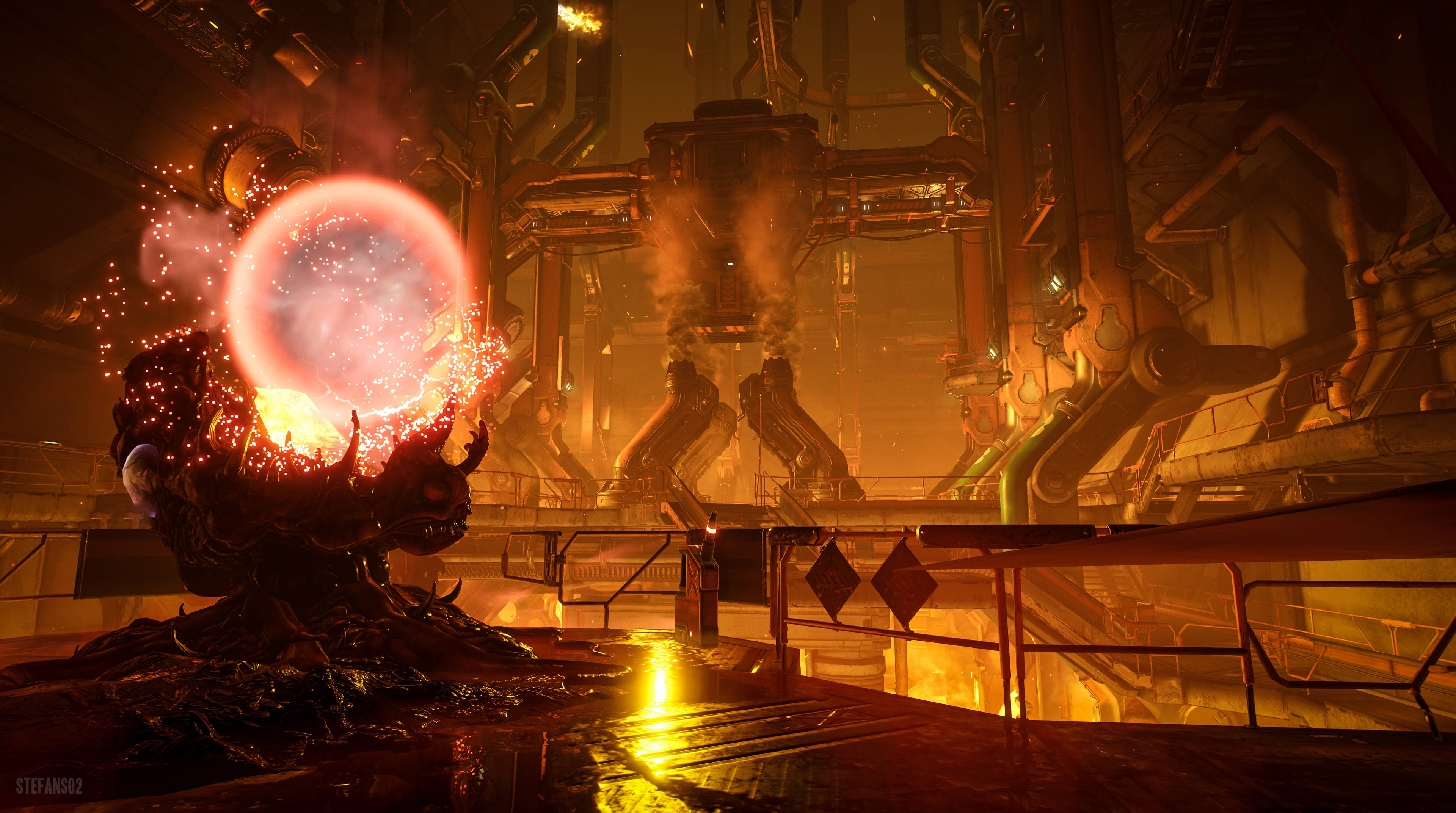Doom 4K 實驗室 壁紙 — 一個發光的粉紅色能量球從黑暗的有機結構中爆發，在一個充滿蒸汽的工業設施中，沐浴在金色的光芒中。