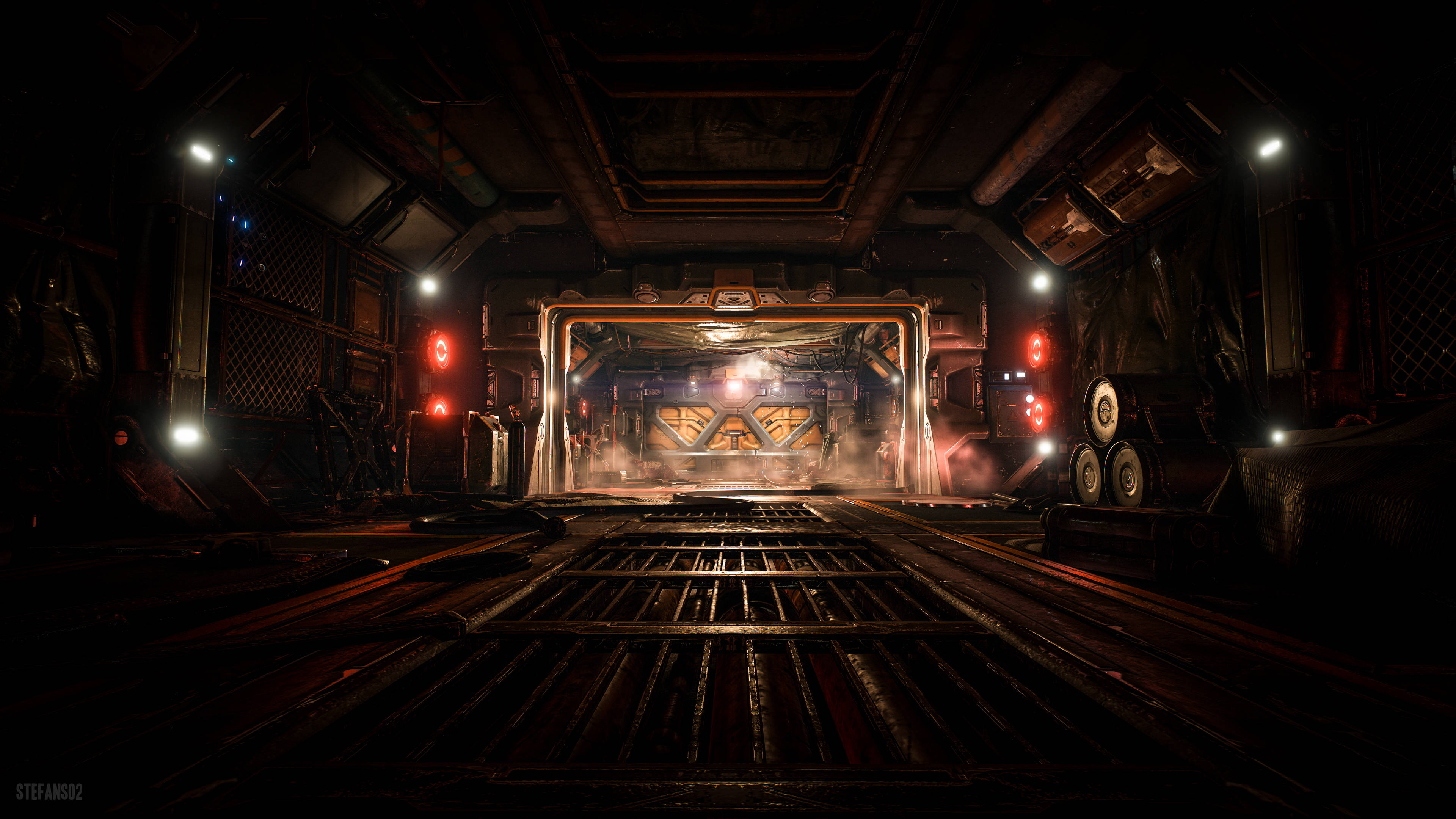 Doom 4K 敵方飛船內部 壁紙 — 一條燈光昏暗的未來感太空船走廊，帶有發光的紅色燈光和金屬格柵，通往一個發光的中央艙門。