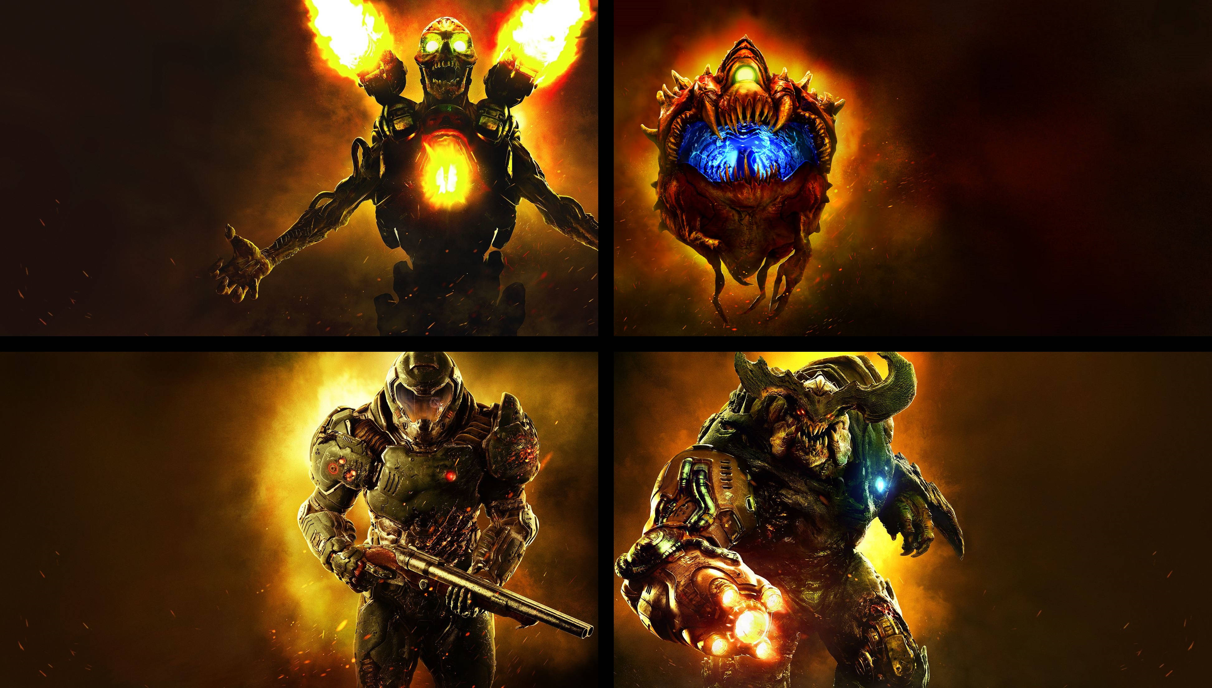 Doom 4K 英雄拼貼畫 壁紙 — 四個威脅性的遊戲角色在黑暗背景中散發著火焰和電能的光芒。