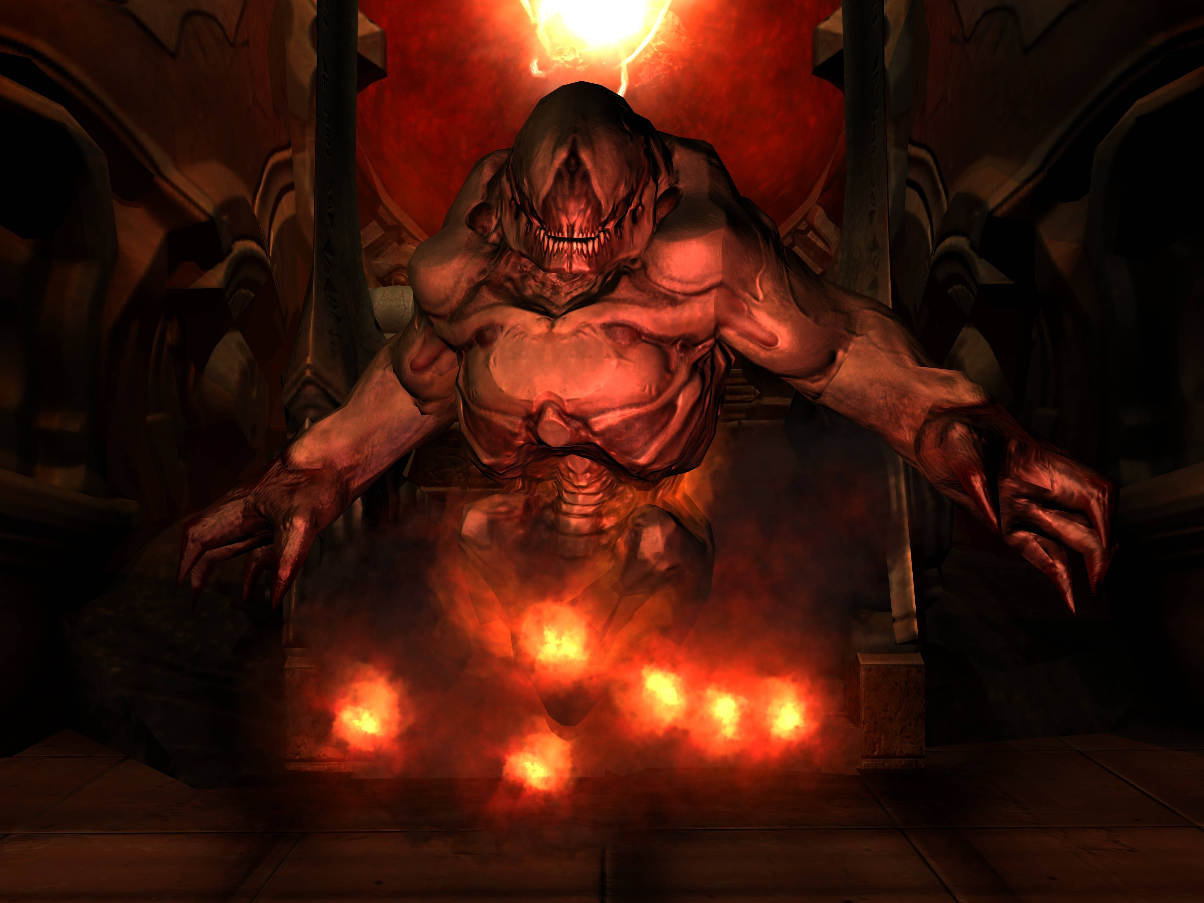 Doom 4K 黑暗儀式 壁紙 — 一個怪誕的惡魔生物，擁有發光的紅色眼睛和爪子，在黑暗的大教堂般的環境中威脅性地蹲伏在火球上。