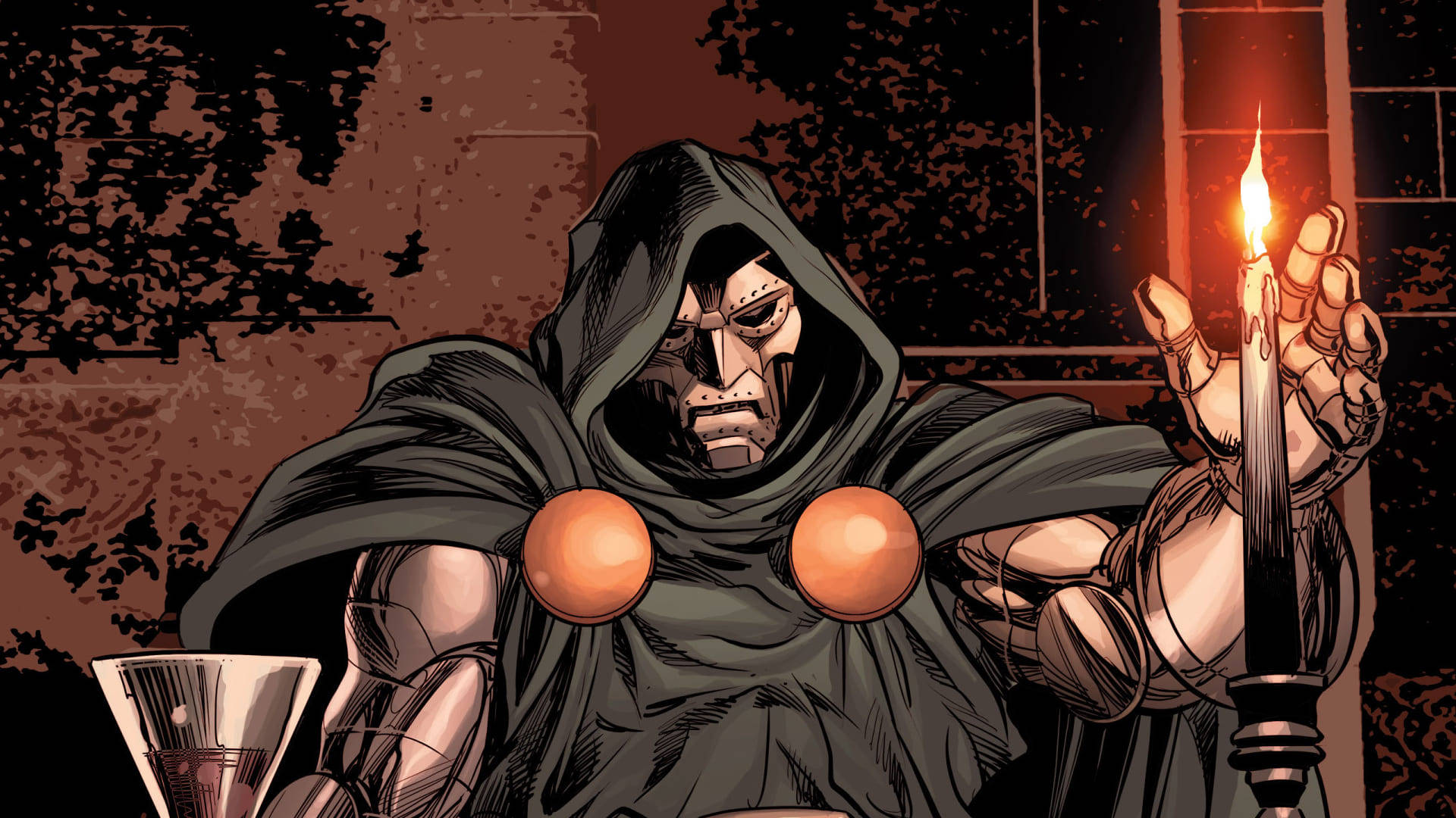 doom 博士持燭 壁紙 — 一個戴著兜帽的人物，胸前有發光的橙色球體，在一個有彩色玻璃窗的昏暗房間裡拿著點燃的蠟燭。