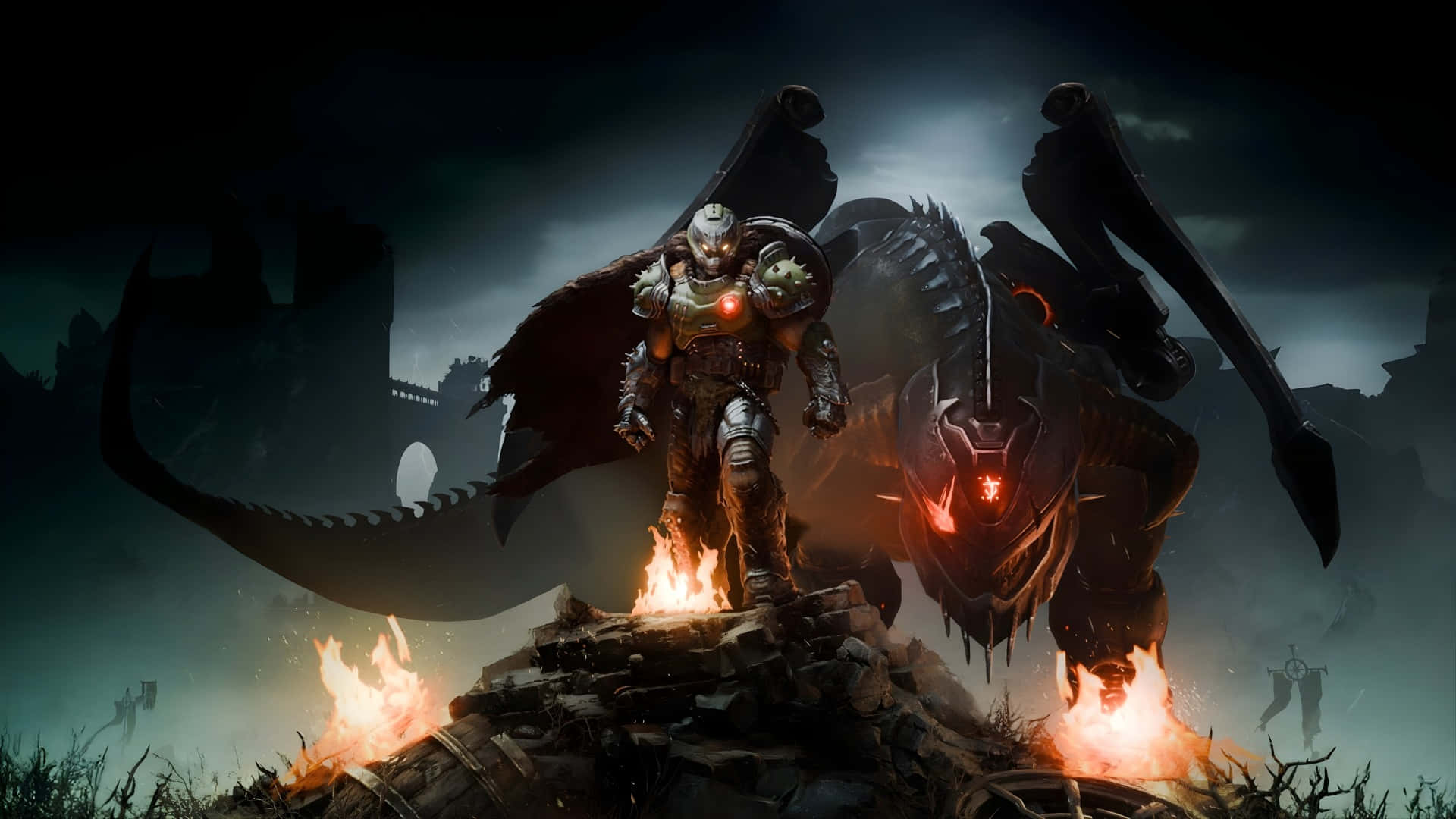 Doom Dark Ages 奪命戰鬥 壁紙 — 一名重甲戰士挑釁地站在燃燒的廢墟上，身後是一條巨大的惡魔龍，在暴風雨的夜空下若隱若現。