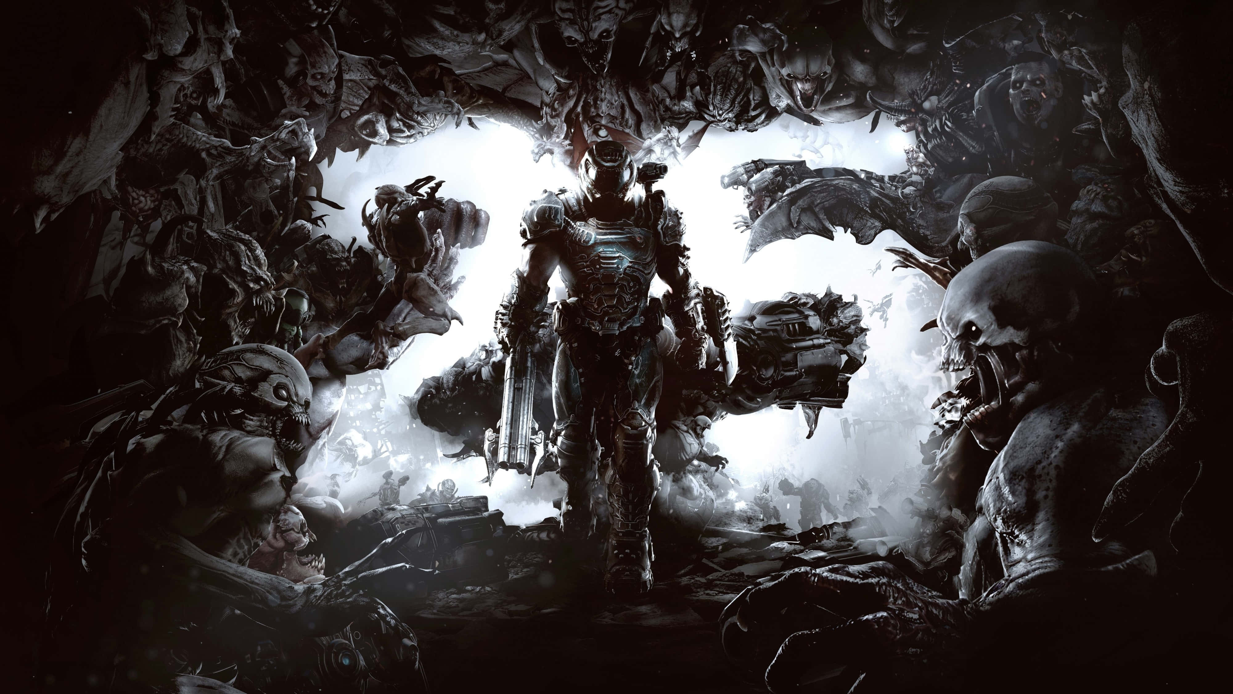 「準備好迎接Doom Eternal 4K了嗎？」 壁紙 — 一名身穿重甲的戰士在滿是怪異外星生物的隧道中屹立不倒，背後的刺眼白光將其輪廓映照成剪影。