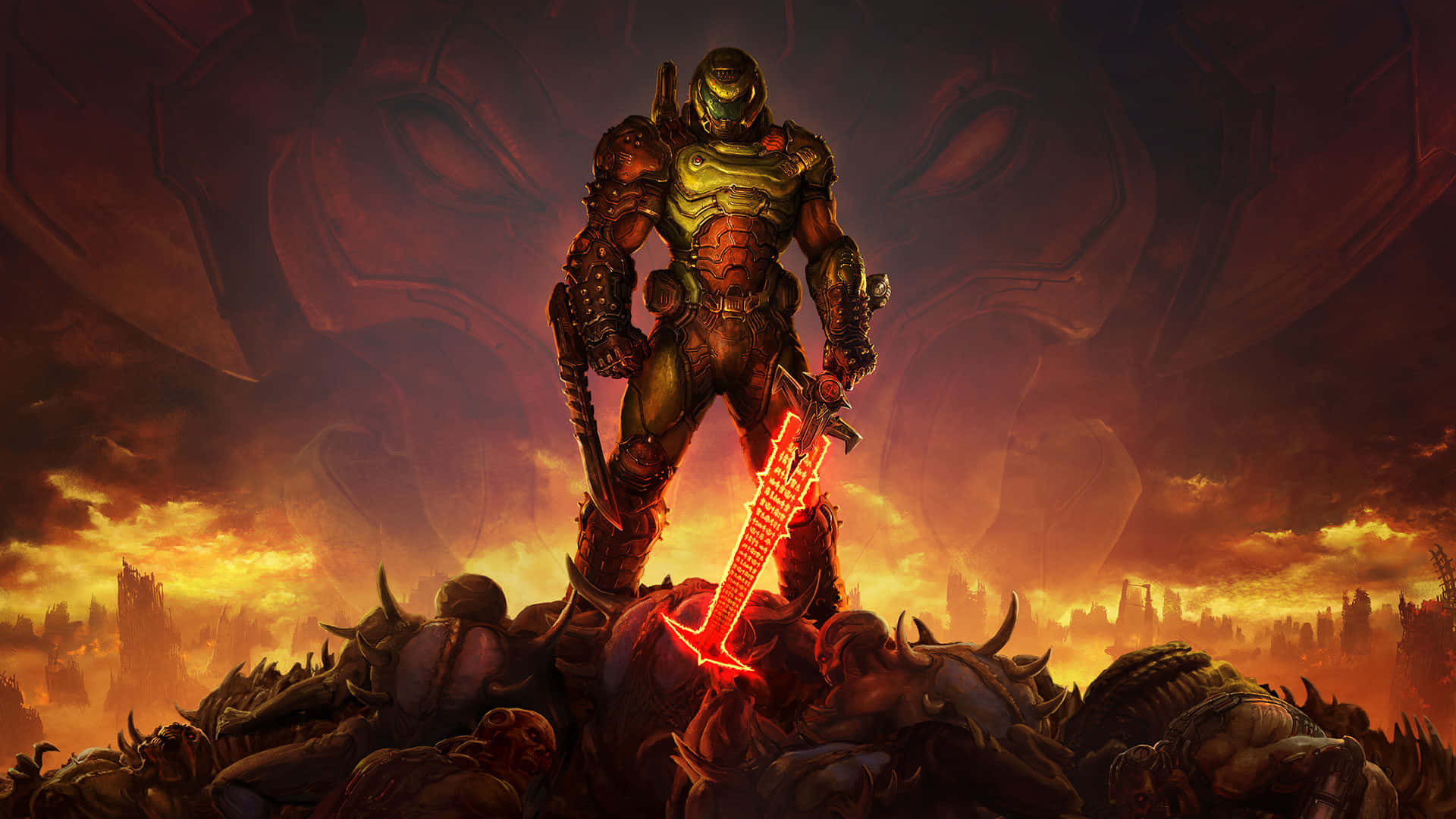 享受DOOM ETERNAL HD的狂亂戰鬥 壁紙 — 一名身穿重甲的戰士勝利地站在一堆被擊敗的敵人之上，手持一把發光的紅色劍，背景是熾熱的末日天空。