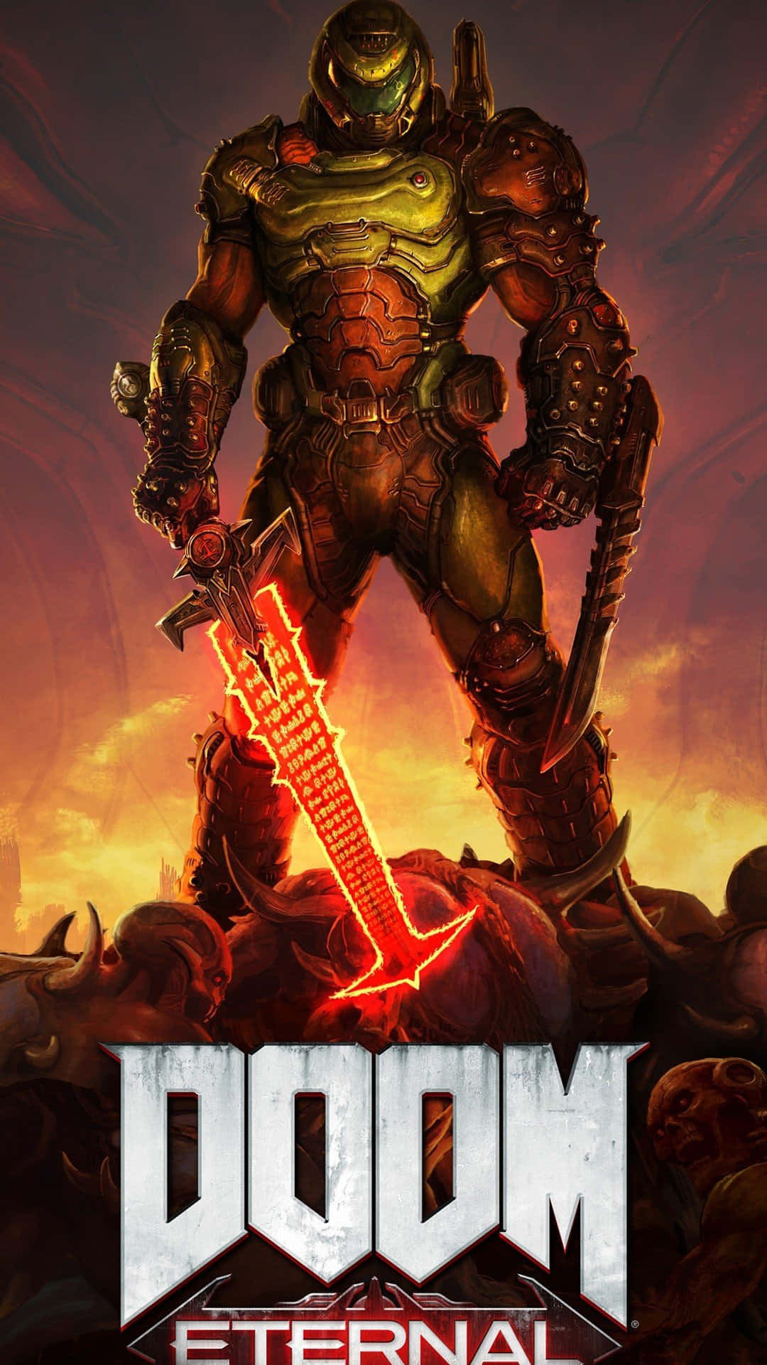 Doom Eternal 戰士身穿盔甲，手持發光劍，站在被殺死的惡魔之上。