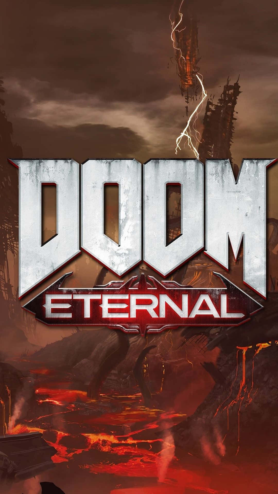 Doom Eternal iPhone 屏幕顯示 壁紙 — Doom Eternal 遊戲標誌聳立在地獄般的景觀上，有熔岩河流和閃電擊中毀壞的塔樓。