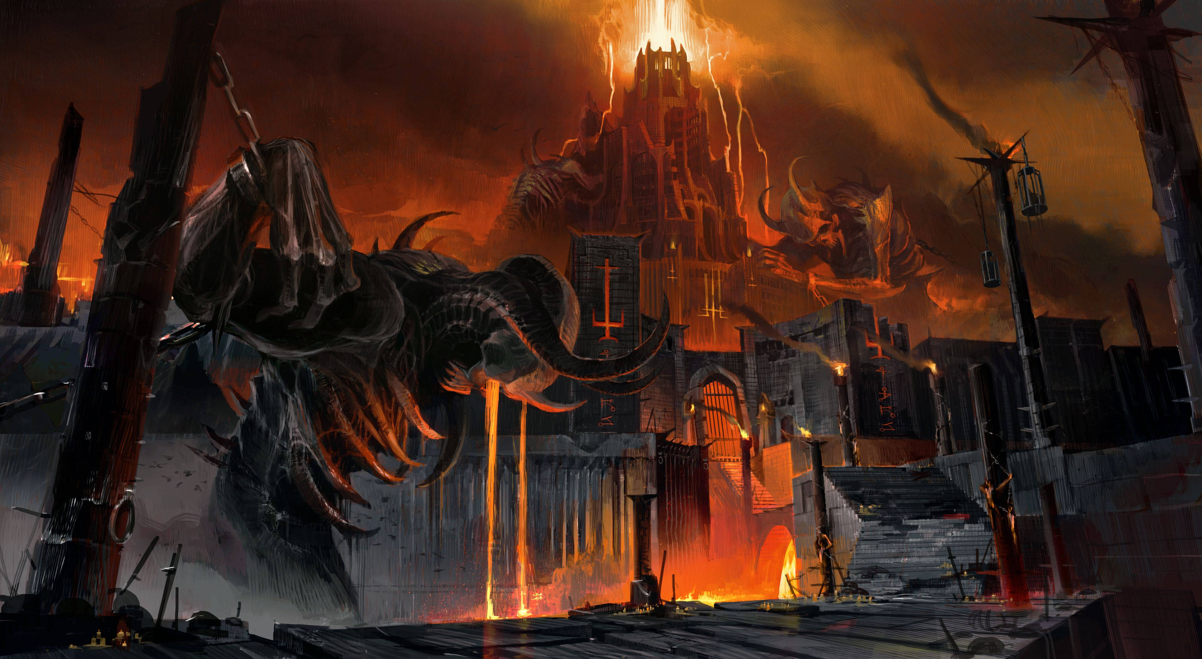 《Doom Eternal》中的地獄生活 壁紙 — 一個巨大的惡魔生物，有著發光的眼睛和帶刺的四肢，在暴風雨橙色天空下，籠罩著燃燒的哥德式城市景觀。