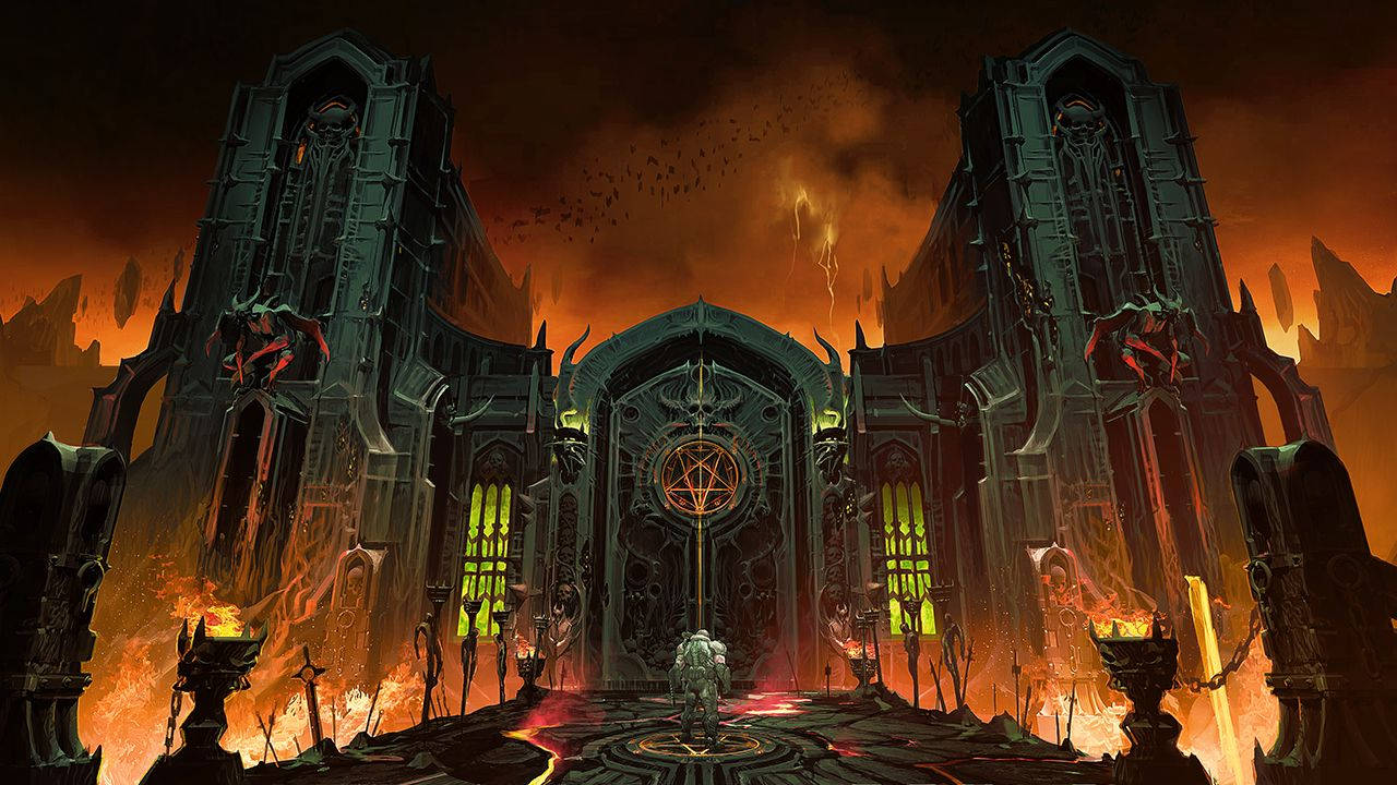 《Doom Eternal》地獄之門 壁紙 — 一個孤獨的盔甲人物站在一座巨大的哥德式大教堂前，大教堂在暴風雨的天空下被熾熱的橙色火焰吞沒。