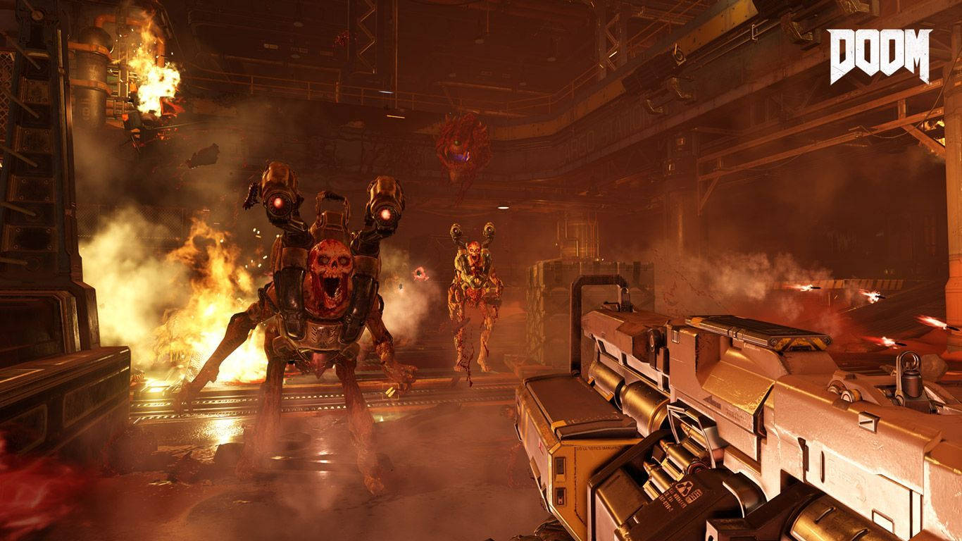 DOOM Eternal 帶來全新快節奏戰鬥體驗 壁紙 — DOOM 中一個熾熱的工業戰場，怪誕的惡魔敵人向玩家的武器推進。