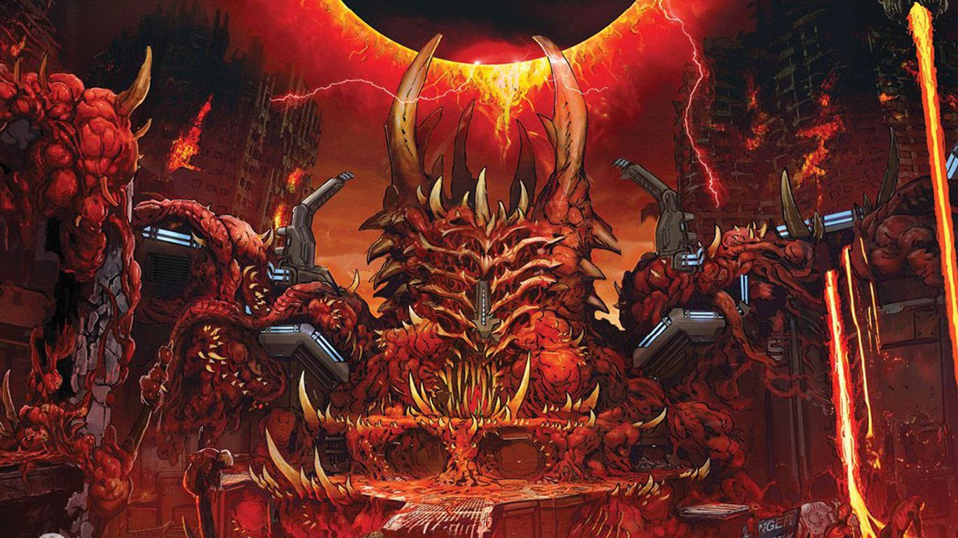 DOOM Eternal 超級血腥巢穴 壁紙 — 一個擁有尖刺角和機械臂的怪物般惡魔實體，在熔化的太陽下主宰著熾熱的末日城市景觀。