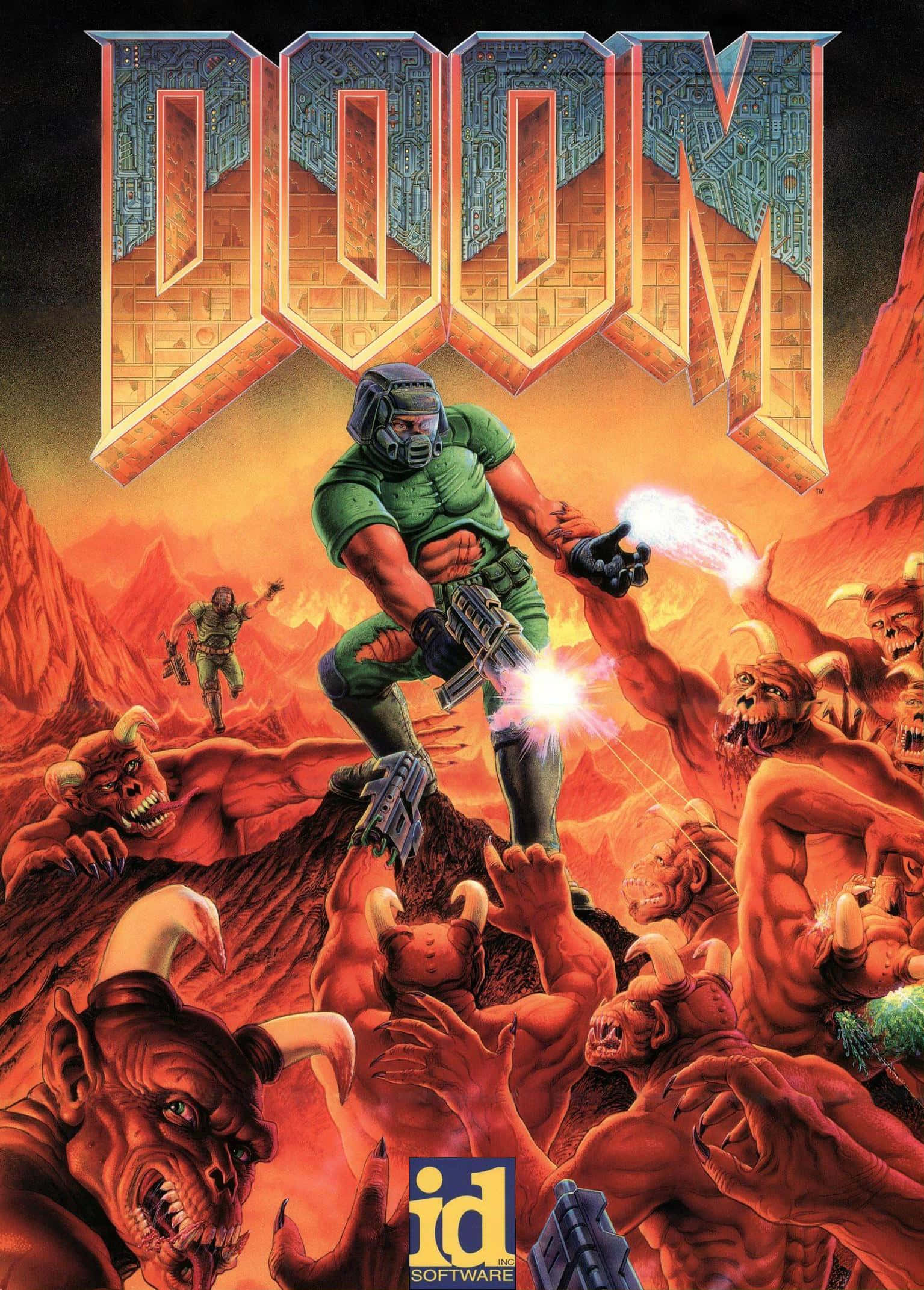 Doom Guy戰鬥怪物Pixel 3XL《毀滅戰士：永恆》背景 壁紙 — 一名身穿綠色盔甲的士兵在DOOM標誌下的烈火地獄場景中向惡魔生物開火。