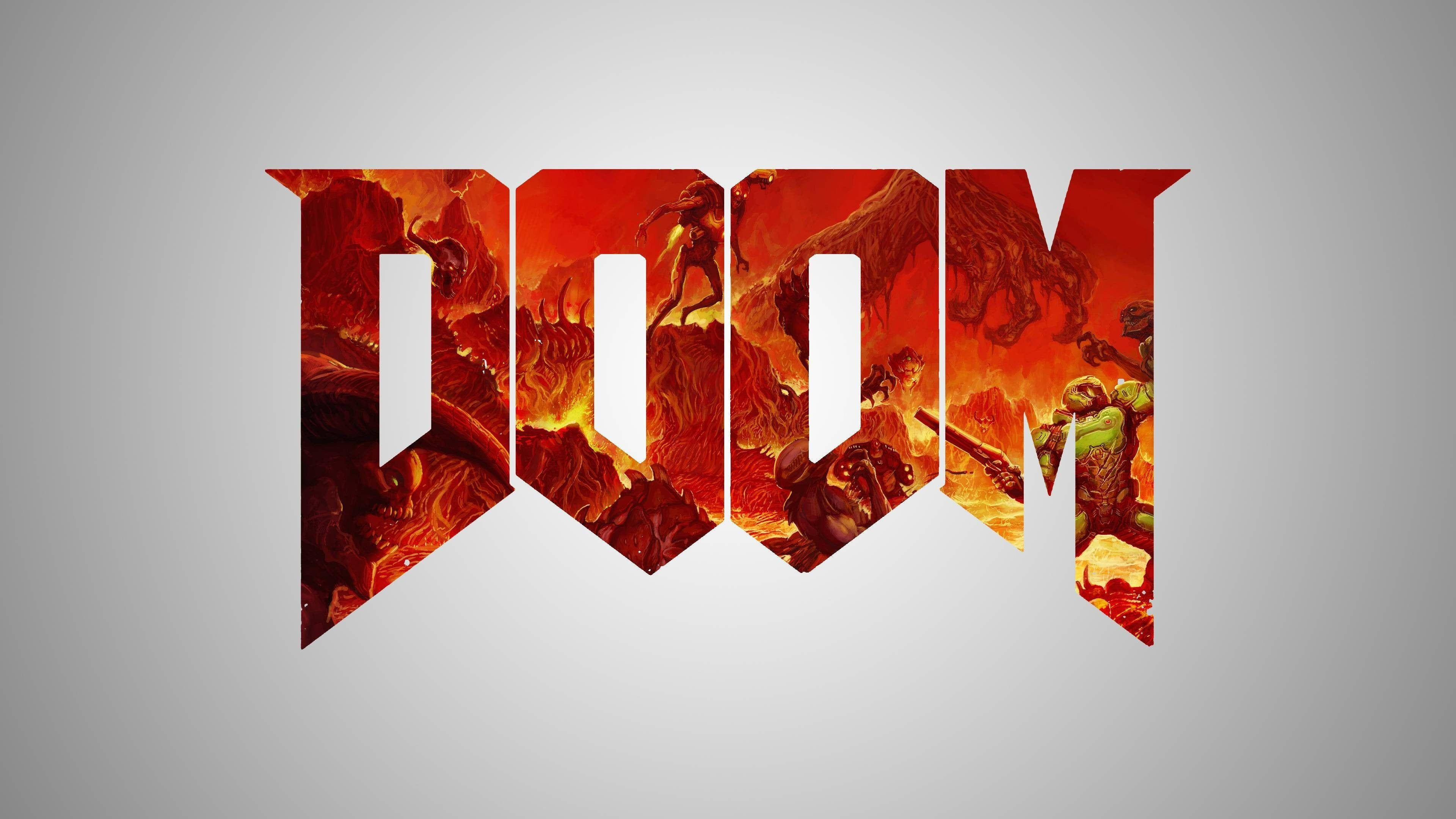 Doom HD 藝術字體 壁紙 — DOOM 呢個字以火紅嘅字母揭示地獄惡魔同埋一個士兵喺熔岩同混亂之中。