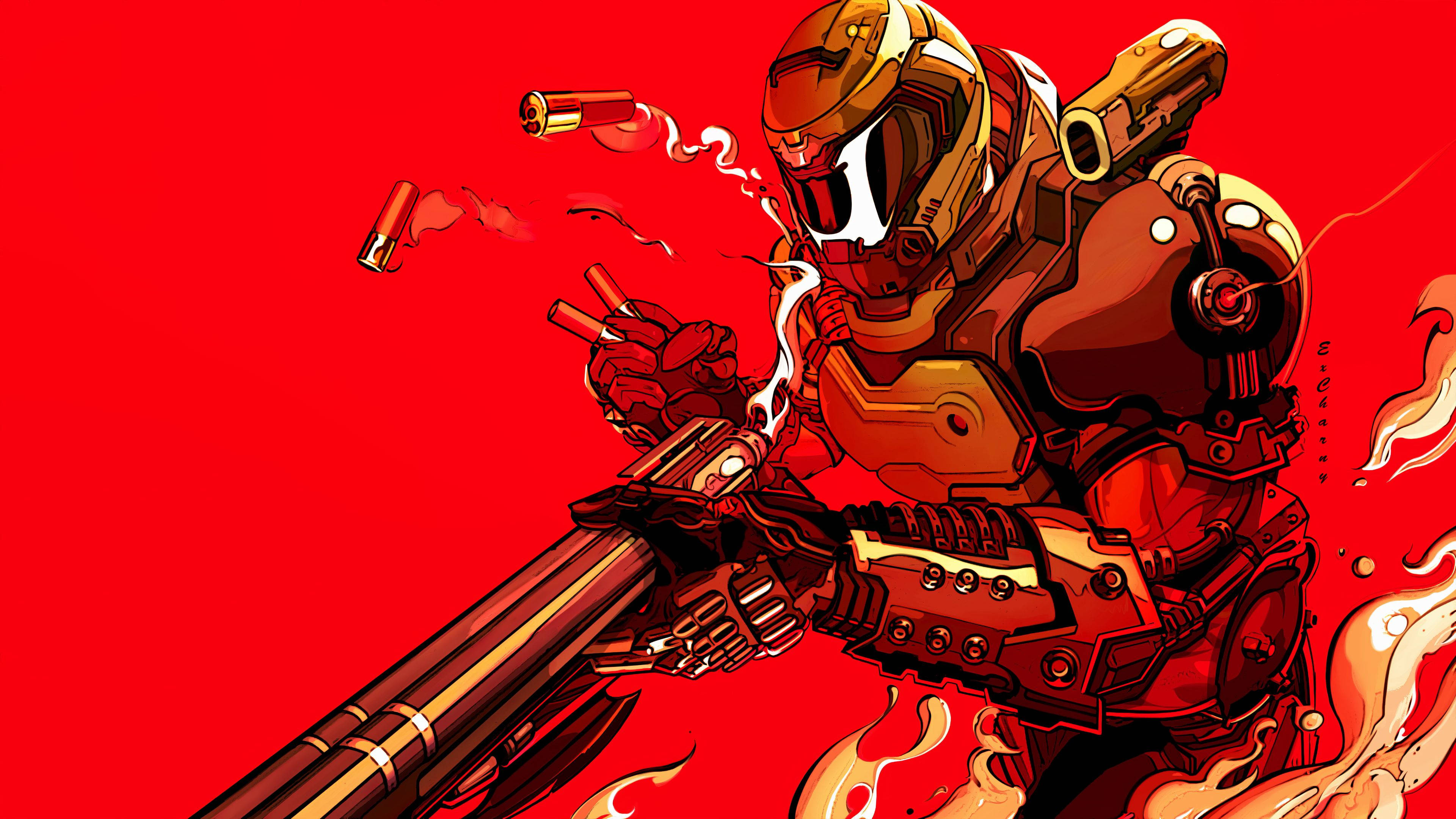 令人著迷的 DOOM 遊戲場景 HD 圖像 壁紙 — 一名金色裝甲戰士在熾熱的紅色背景下發射巨型武器，子彈和火焰四處飛舞。