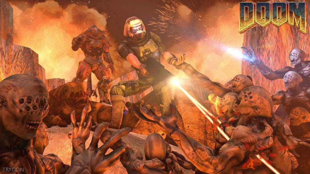 DOOM HD 太空陸戰兵對抗地獄騎士壁紙 壁紙 — 一名身穿未來盔甲的士兵在熾熱的地獄景觀中與成群醜陋的惡魔戰鬥，天空泛著橙色光芒。