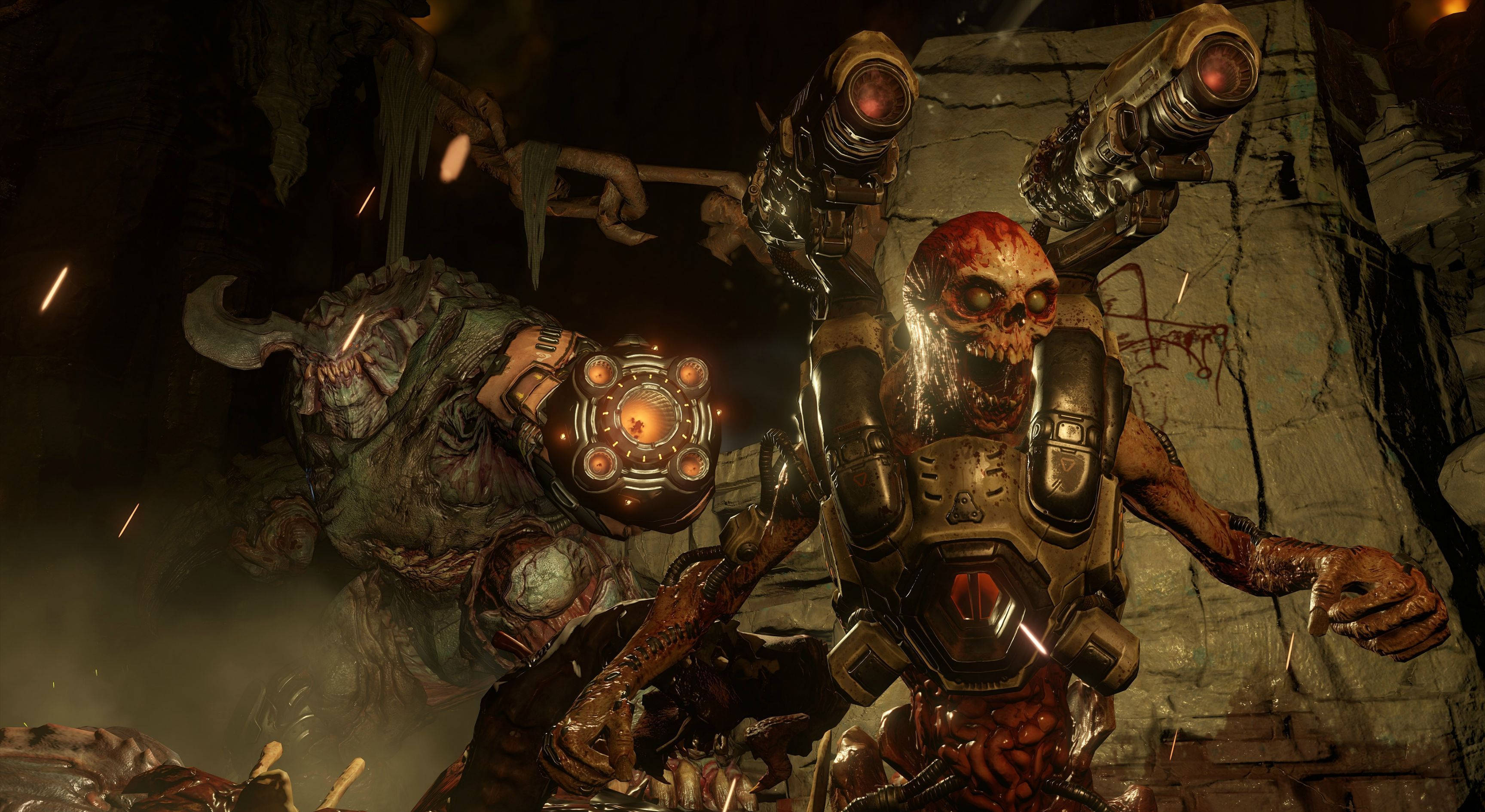 DOOM HD 主角對戰邪惡惡魔 壁紙 — 兩個怪誕的生物機械怪物，手持發光武器，器官外露，在黑暗、骯髒的地牢中衝突。