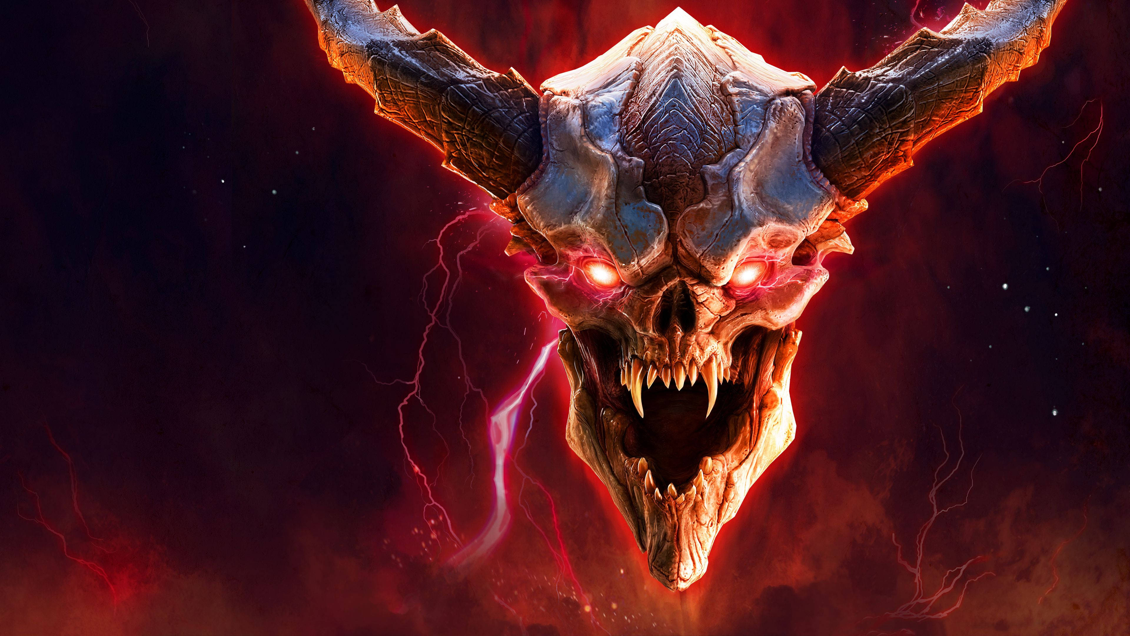 DOOM HD 失蹤靈魂 壁紙 — 一個帶有發光紅眼和鋸齒狀角的威脅性惡魔頭骨，從帶有噼啪閃電的火焰紅雲中噴發而出。