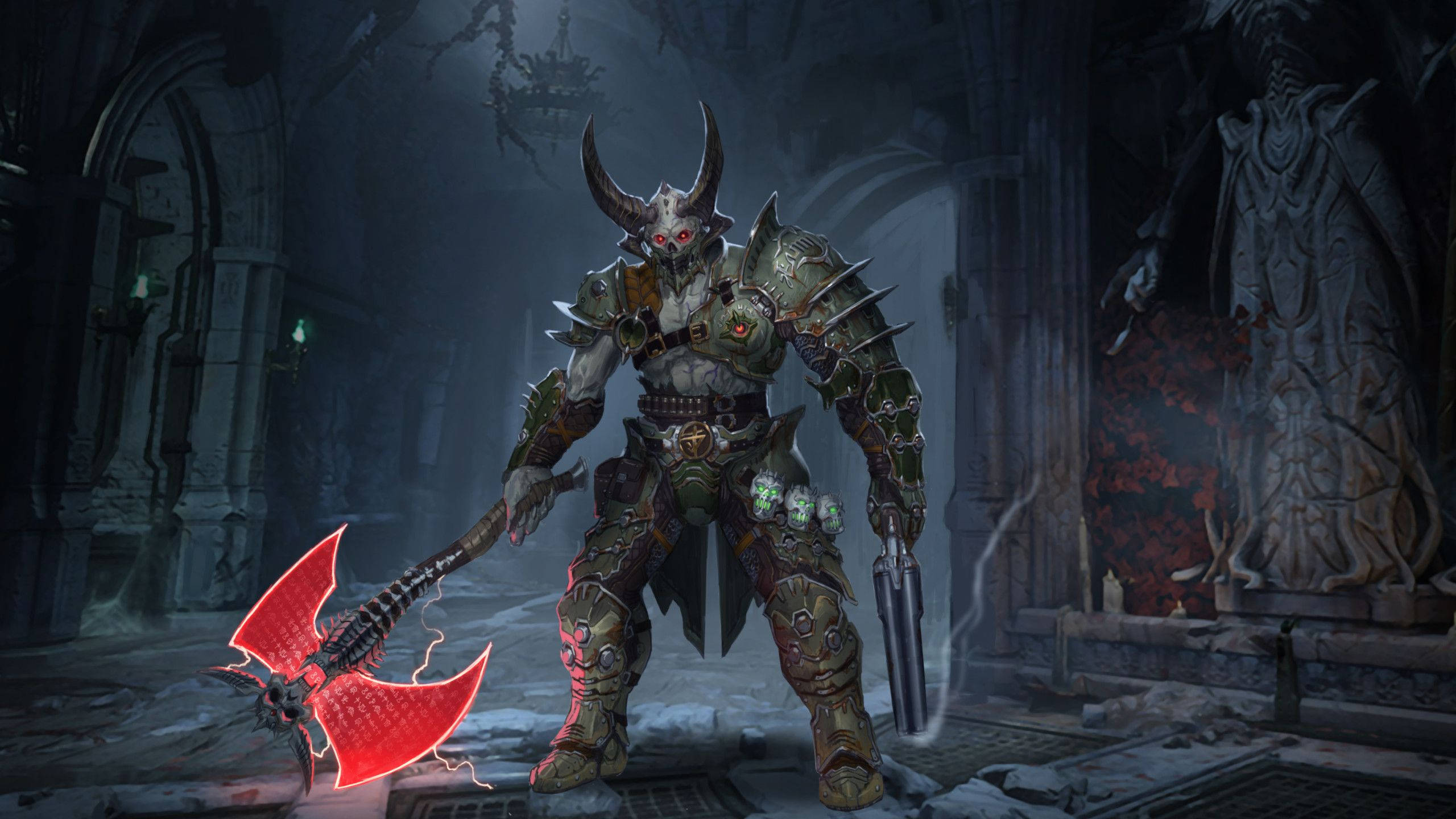 DOOM HD 帝王持斧 壁紙 — 一個頭上有角、身穿尖刺盔甲的惡魔戰士，在搖搖欲墜的哥德式大教堂中揮舞著一把發光的紅色斧頭。