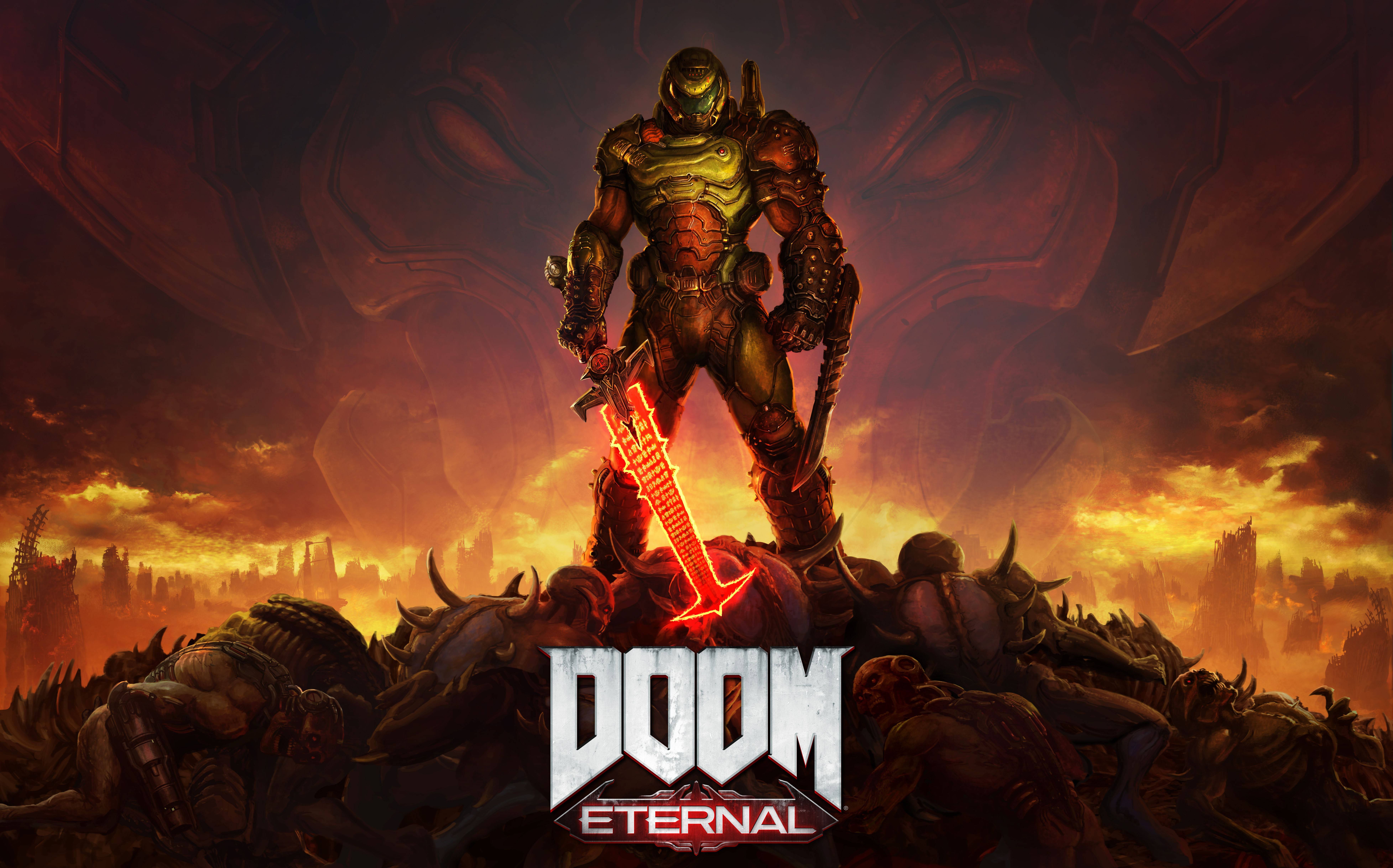Doom HD 永恆 壁紙 — 一名重裝戰士站在被擊敗的惡魔堆上，背後是熾熱的末日天空，展現勝利姿態。