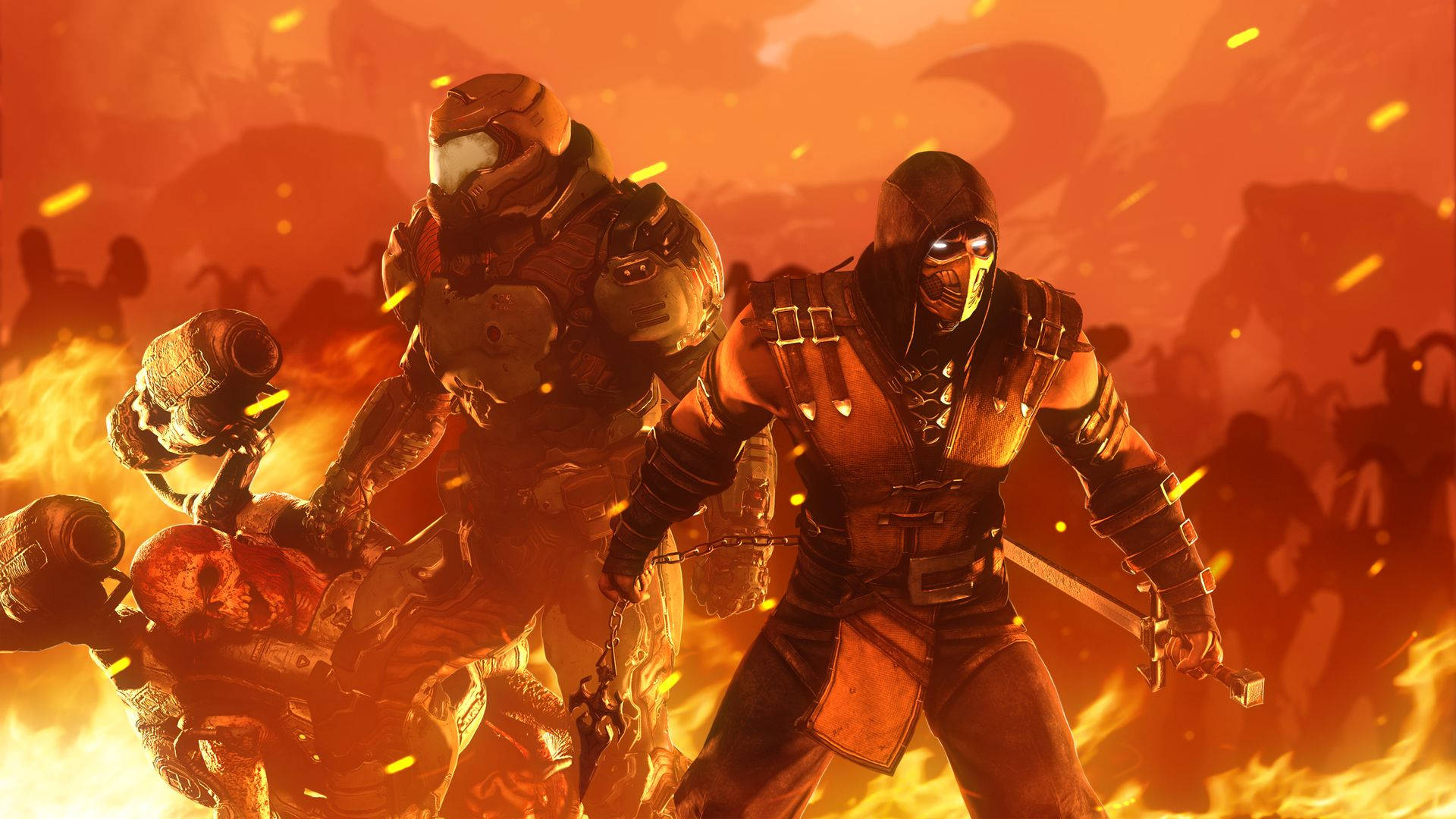 Doom HD 與《真人快打》蝎子 壁紙 — 兩名裝甲戰士在血橙色天空下，於烈火爆炸與惡魔剪影中戰鬥。