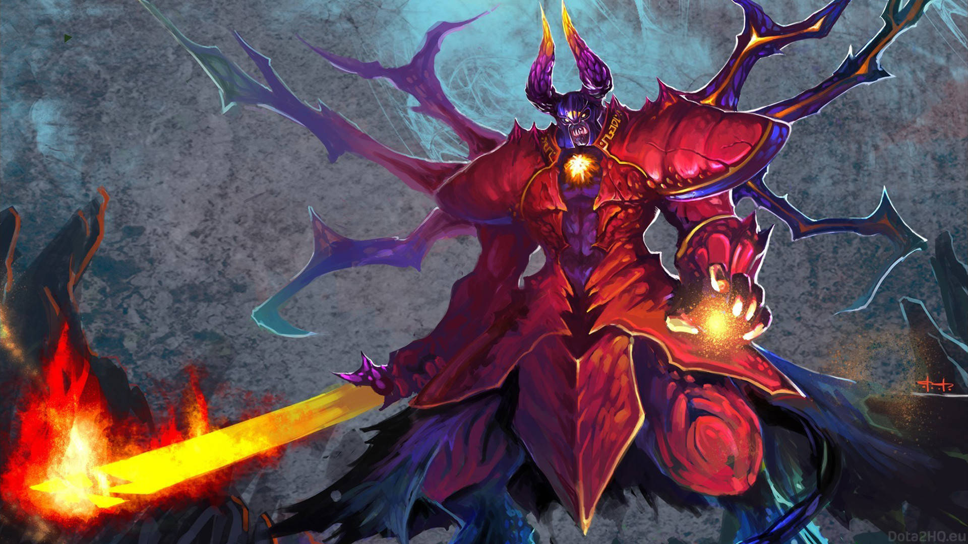 身穿紅色鎧甲的惡魔戰士在黑暗石頭環境中揮舞著火焰劍。