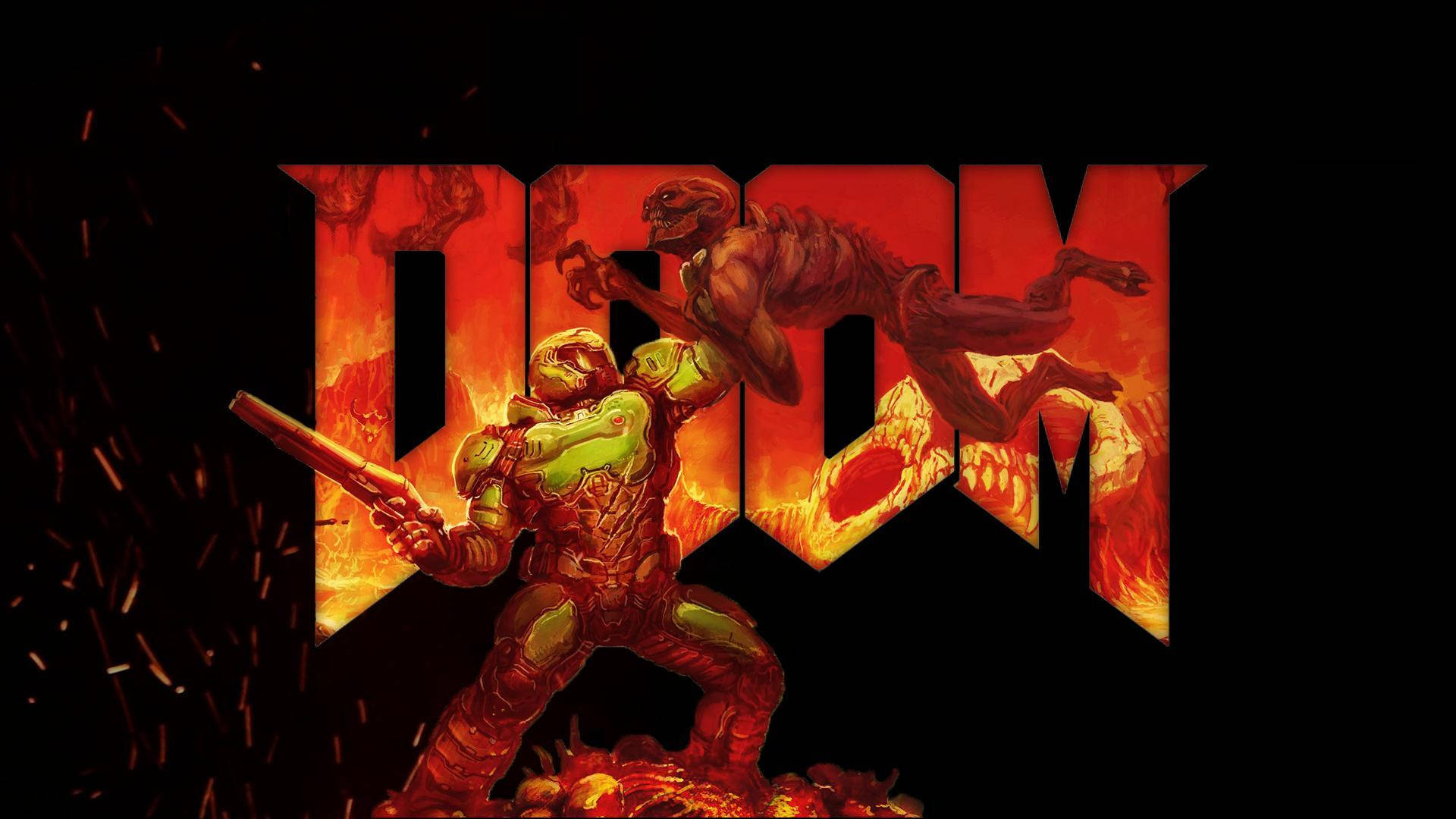 Doom HD 遊戲標題 壁紙 — 一個身穿綠色盔甲的惡魔戰士，在熾熱的毀滅戰士標誌背景下與地獄犬戰鬥。