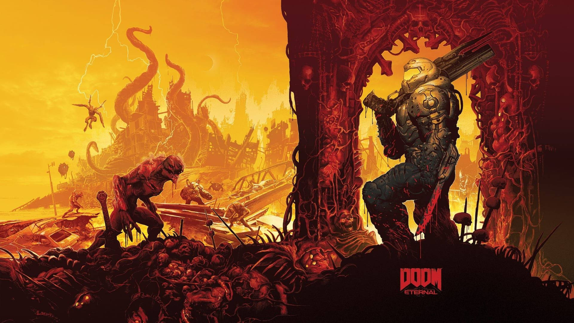 DOOM HD 魔鬼獵人持武器 壁紙 — 一個惡魔戰士站在血紅色的拱門下，面向地獄般的戰場，天空是火熱的橙色。