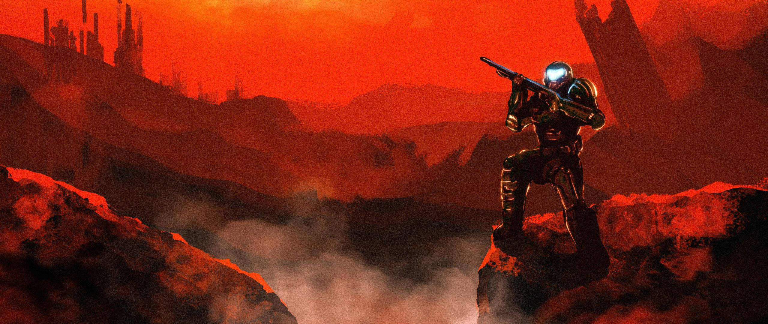 DOOM HD 魔鬼獵人於地獄 壁紙 — 一個孤獨的裝甲士兵站在岩石露頭上，身處熾熱的紅色外星景觀中，天空泛著橙色光芒。