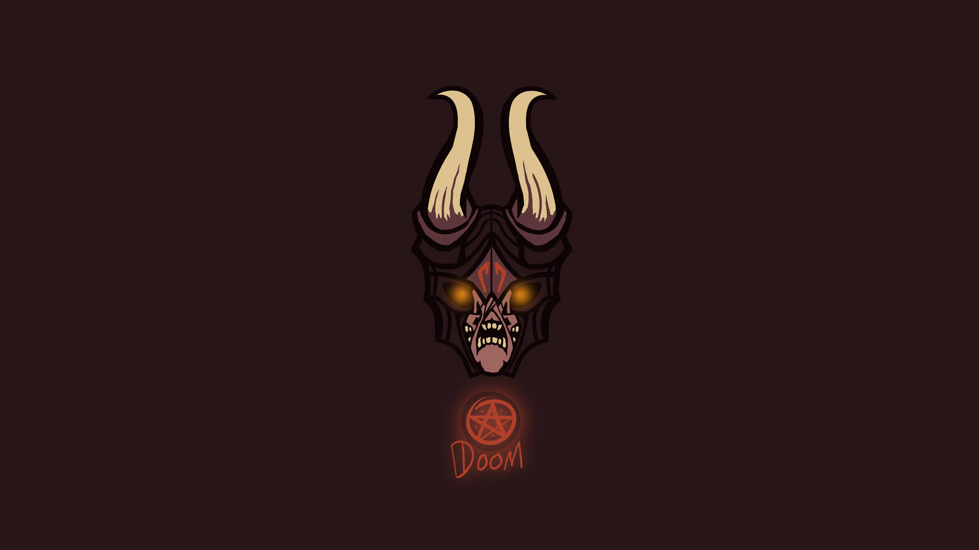 帶有發光眼睛和角的惡魔面孔，位於發光五角星和Doom文字上方。