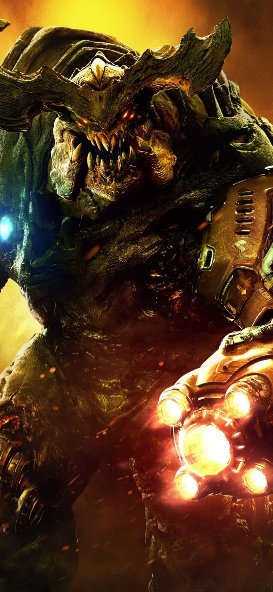 《Doom》iPhone XS 電腦惡魔與火箭背景 壁紙 — 一個擁有發光紅眼和火焰武器的怪物裝甲戰士，在煙霧繚繞的金色背景中若隱若現。