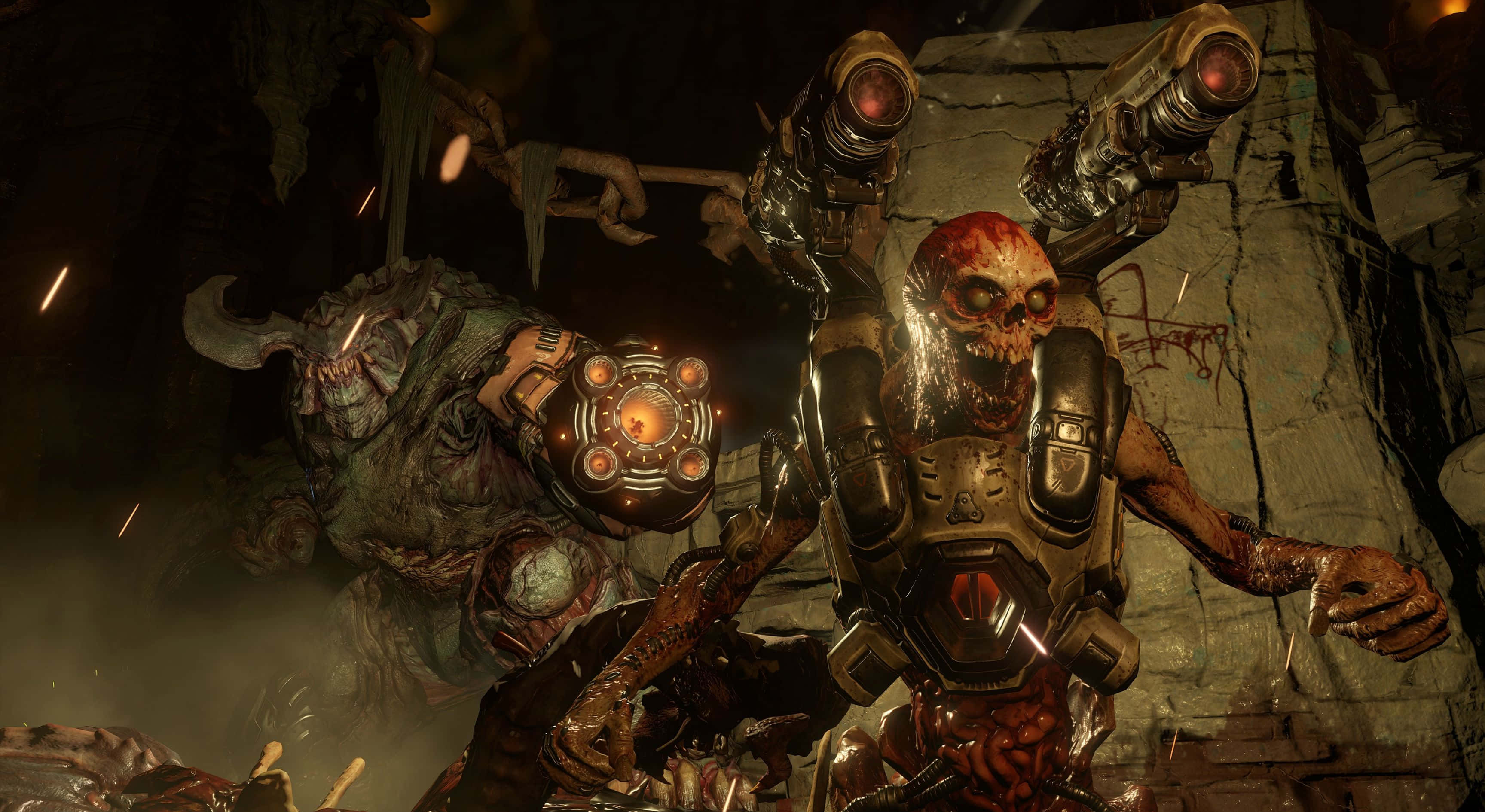 「歡迎來到 DOOM」 壁紙 — 兩個怪誕的生物機械怪物，擁有發光的眼睛和武器，威嚇地站在一個黑暗、骯髒的地牢中。