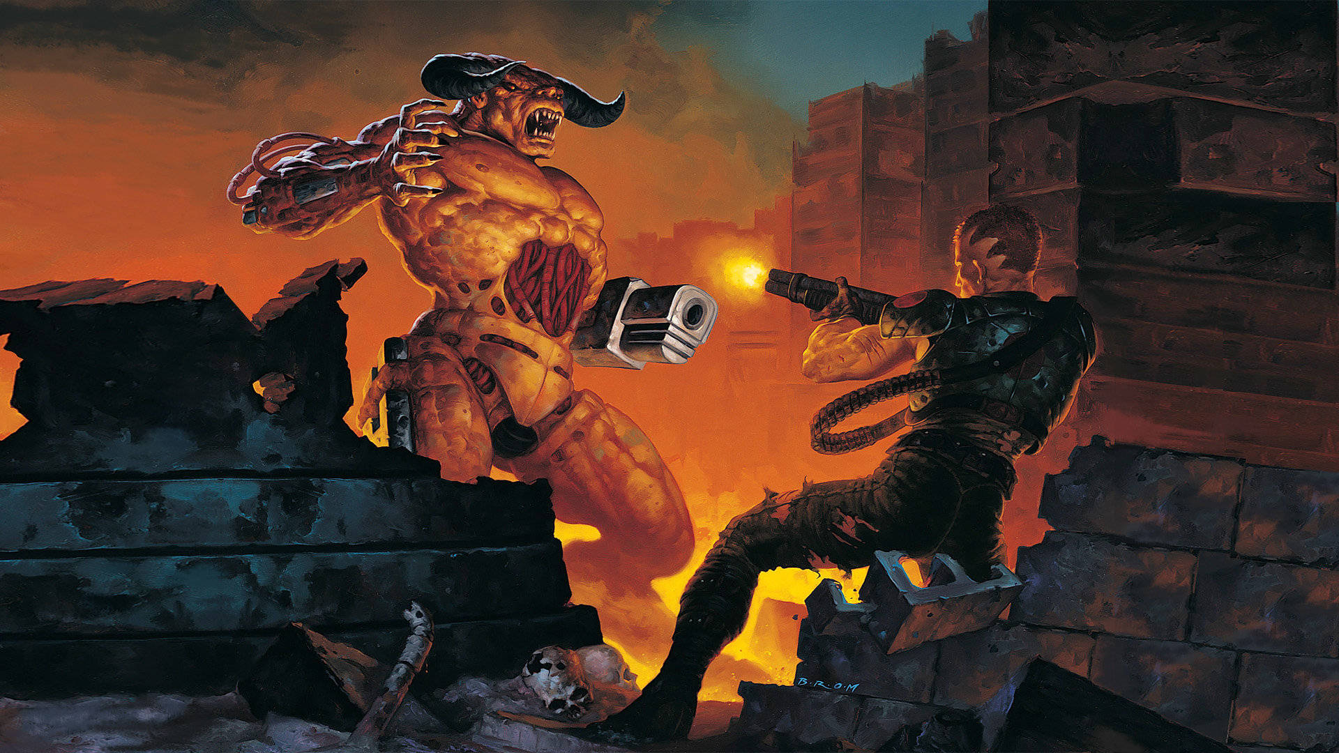 「面對終極邪惡，在《Doom》中求生」 壁紙 — 一個肌肉發達、有角的惡魔在日落時分的廢墟城市景觀中向一名人類士兵開火咆哮。
