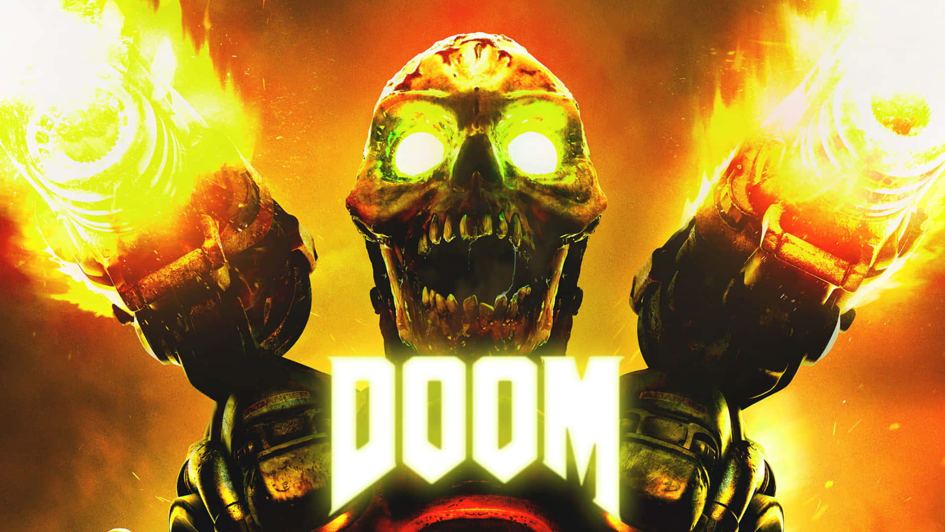 以高畫質DOOM背景釋放恐怖 壁紙 — 一個惡魔頭骨，眼睛發出綠色光芒，在熾熱的橙色背景上揮舞著火焰武器，上面有DOOM字樣。