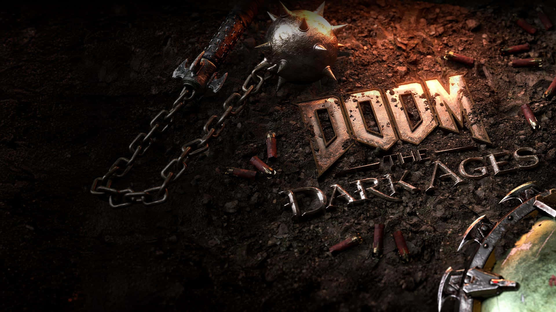  壁紙 — Doom the Dark Ages 標誌嵌入泥土中，周圍散落著帶刺鏈條和彈殼。