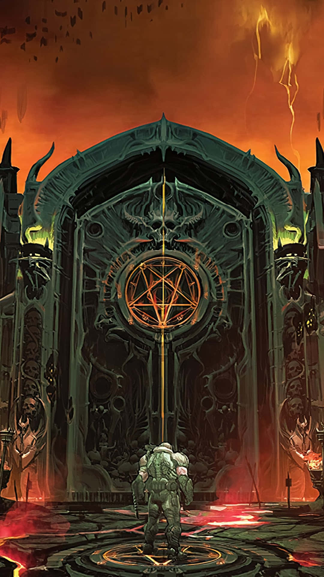 Doom 人物 Gate Way 通道背景 壁紙 — 一個孤獨的裝甲戰士站在一個巨大的華麗大門前，大門散發著熾熱的橙色光芒，映襯著地獄般的天空。